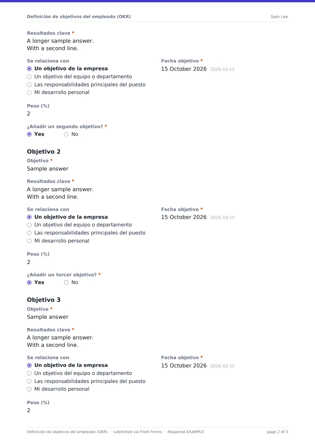 Definición de objetivos del empleado (OKR) — PDF de respuesta de ejemplo, página 2 de 3