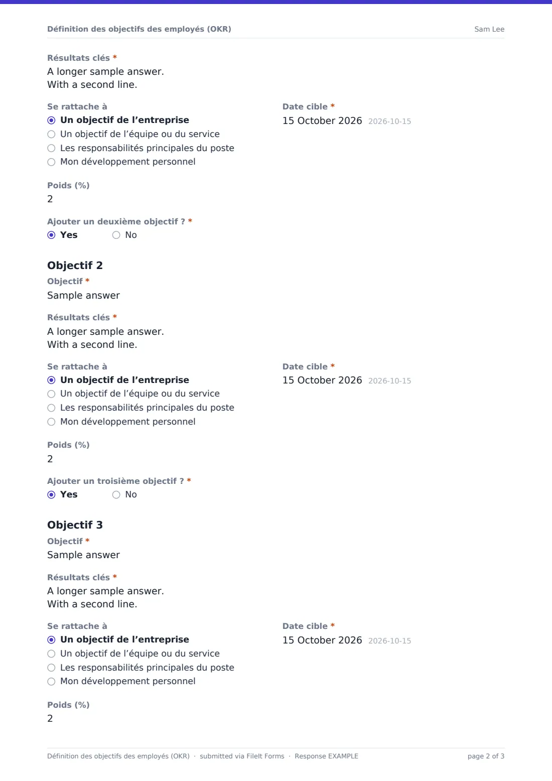 Définition des objectifs des employés (OKR) — exemple de réponse au format PDF, page 2 sur 3