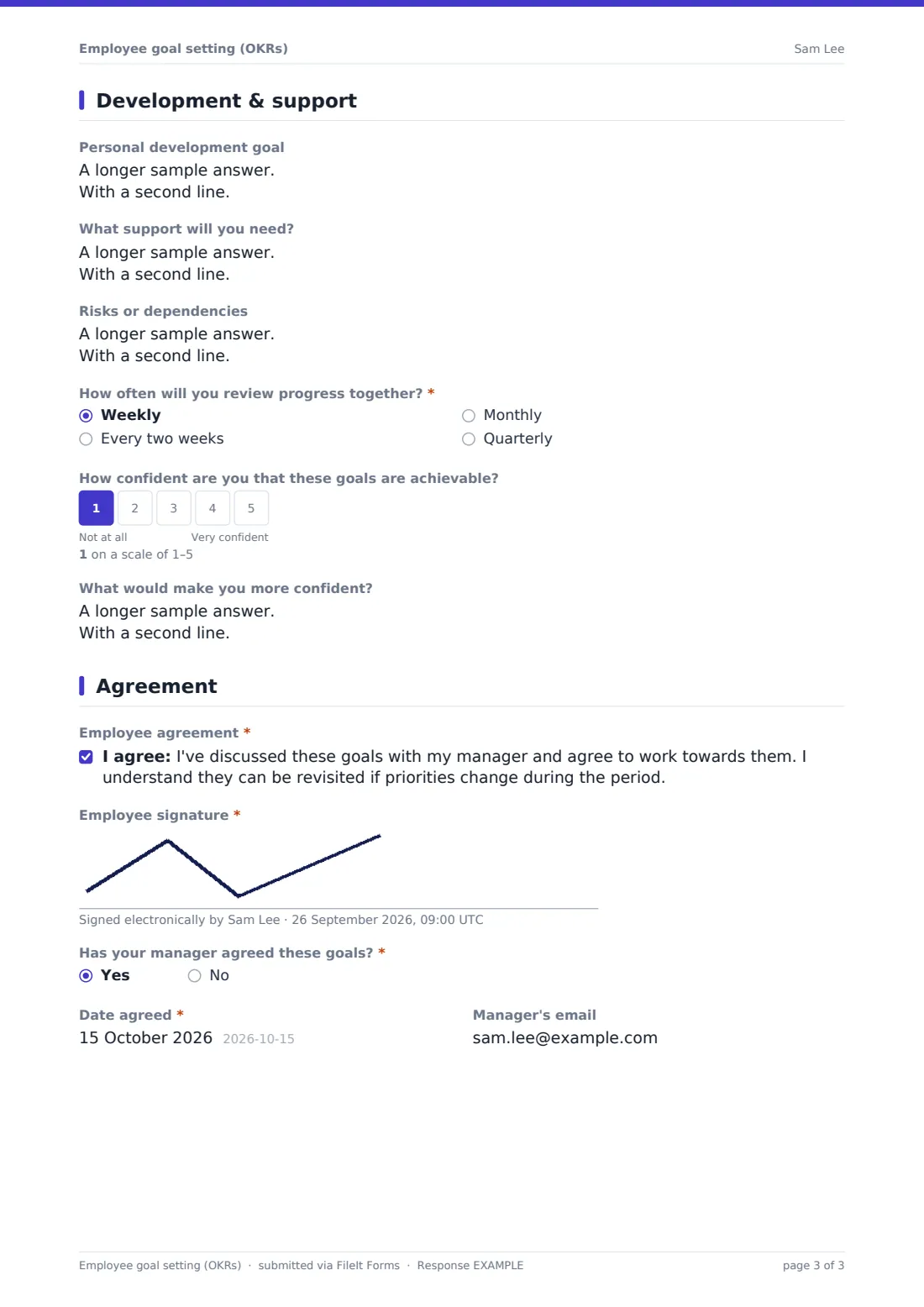 Employee goal setting (OKRs) — example response PDF, page 3 of 3