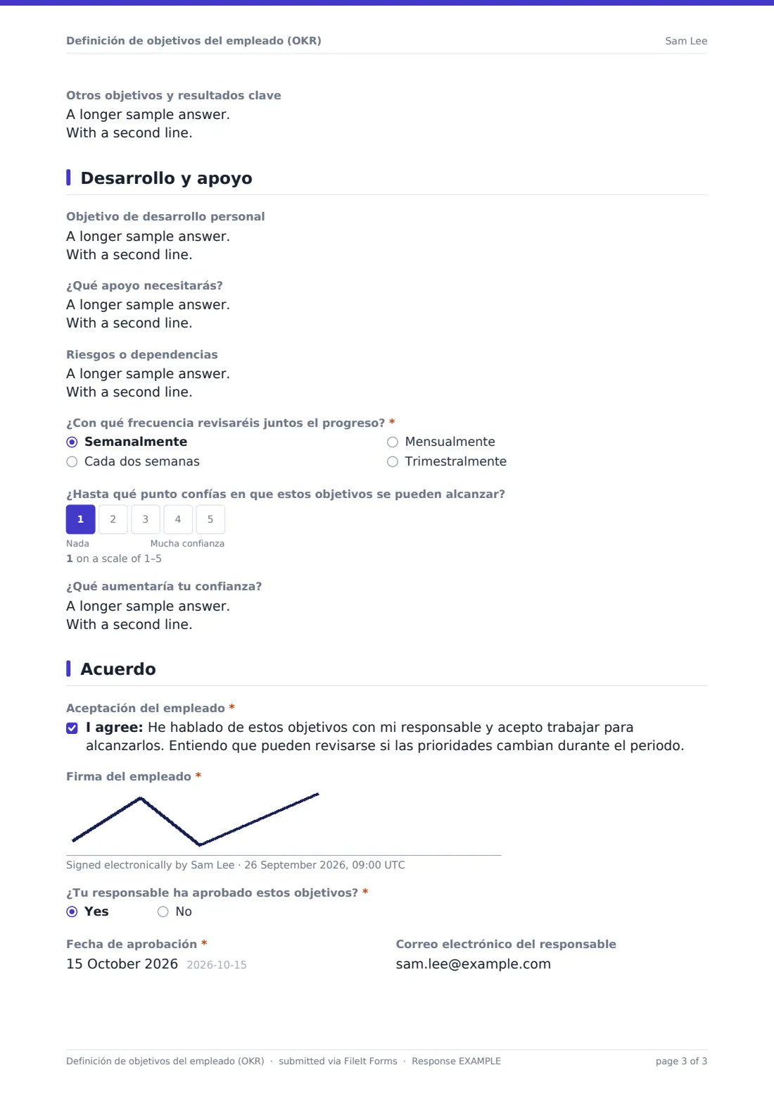 Definición de objetivos del empleado (OKR) — PDF de respuesta de ejemplo, página 3 de 3