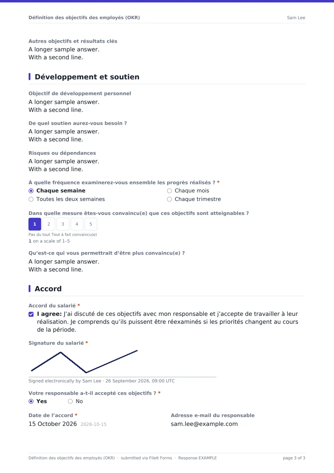 Définition des objectifs des employés (OKR) — exemple de réponse au format PDF, page 3 sur 3