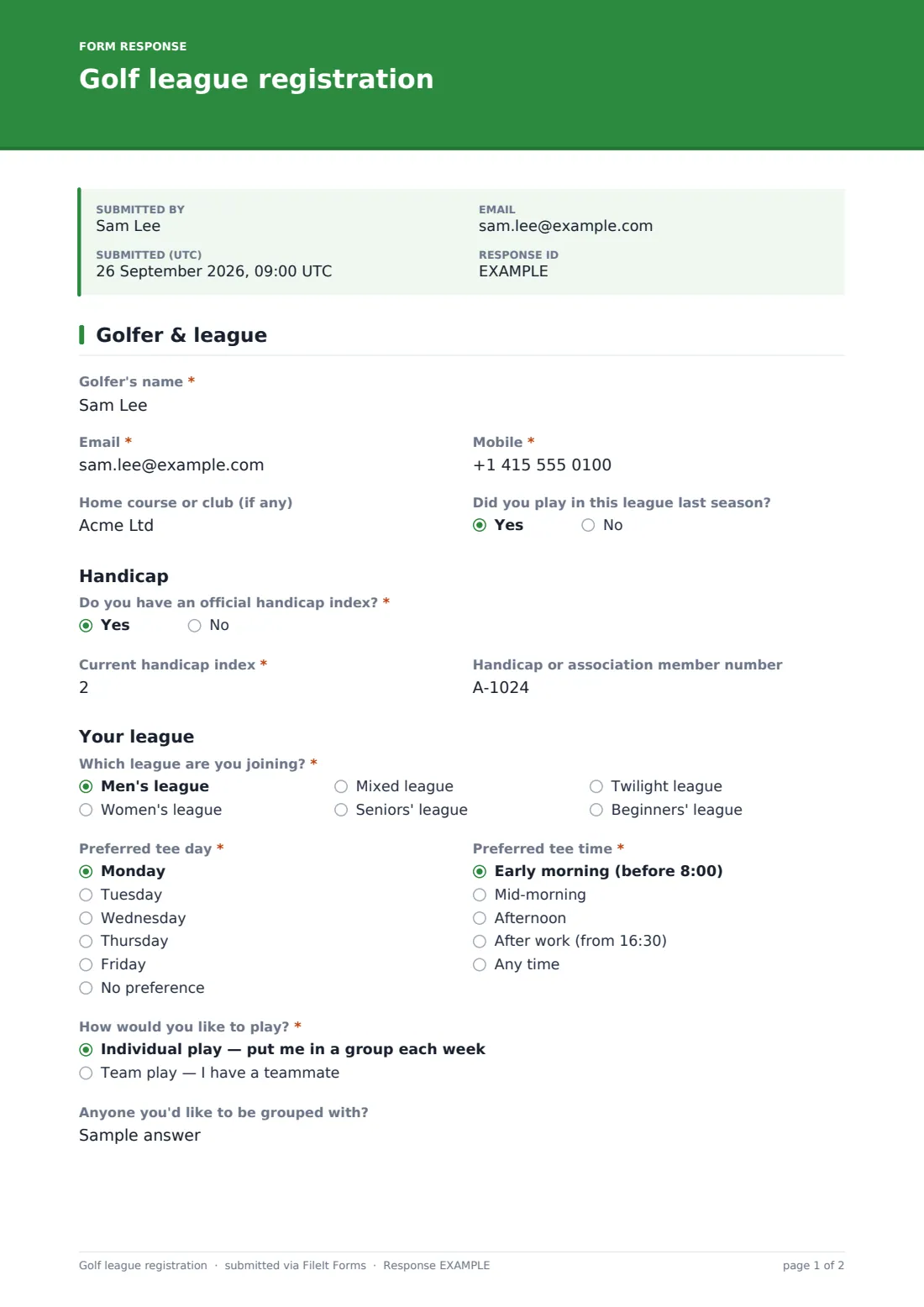 Golf league registration — example response PDF, page 1 of 2