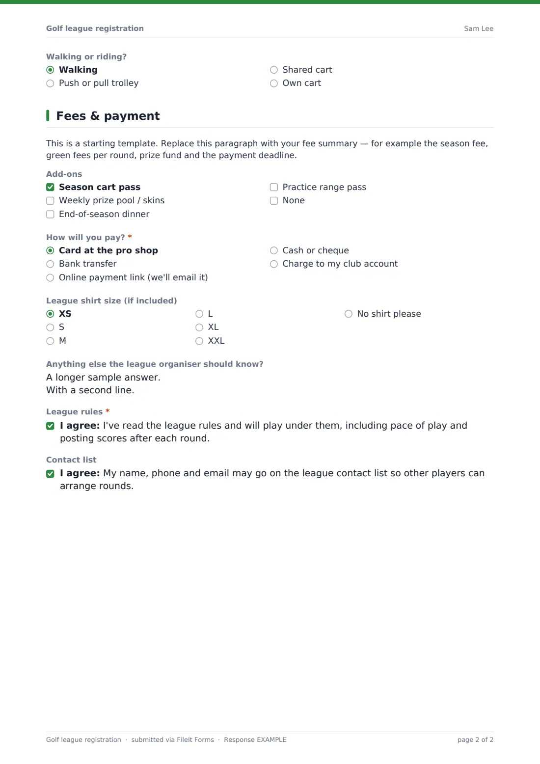 Golf league registration — example response PDF, page 2 of 2
