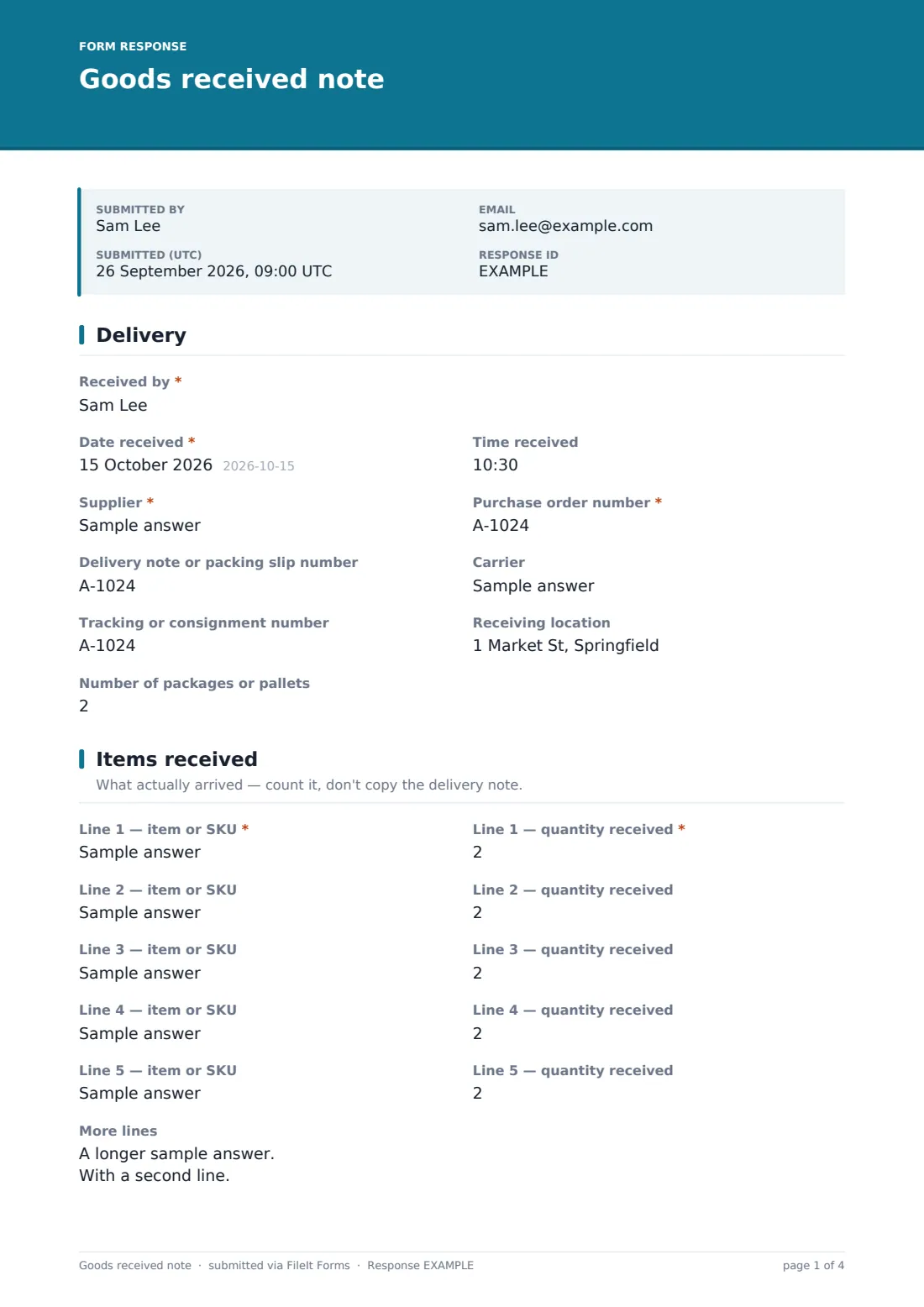 Goods received note — example response PDF, page 1 of 4