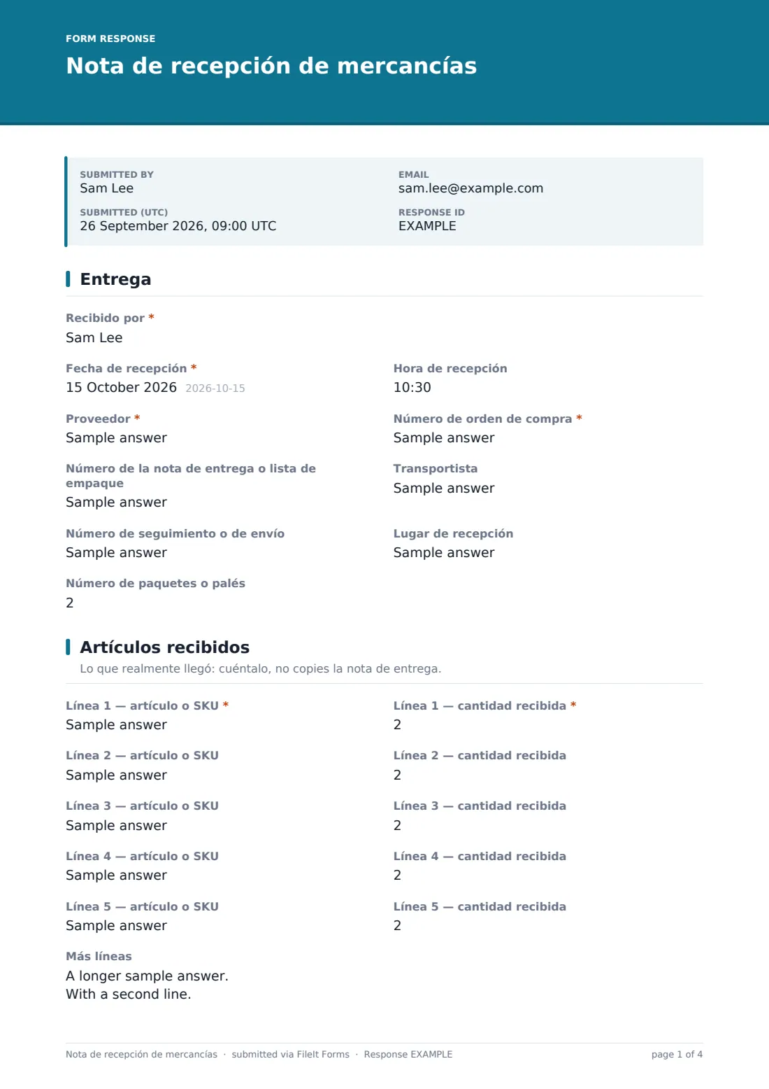 Nota de recepción de mercancías — PDF de respuesta de ejemplo, página 1 de 4