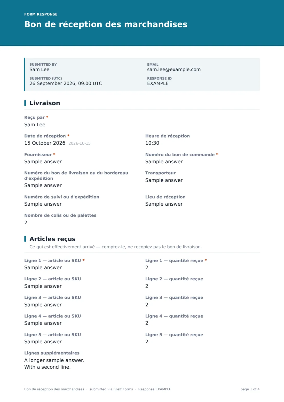 Bon de réception des marchandises — exemple de réponse au format PDF, page 1 sur 4