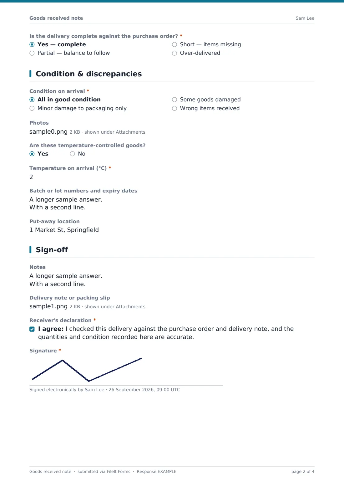 Goods received note — example response PDF, page 2 of 4