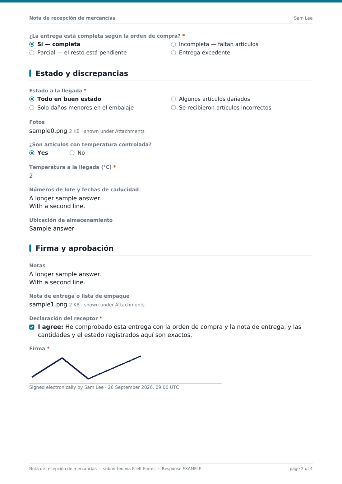 Nota de recepción de mercancías — PDF de respuesta de ejemplo, página 2 de 4