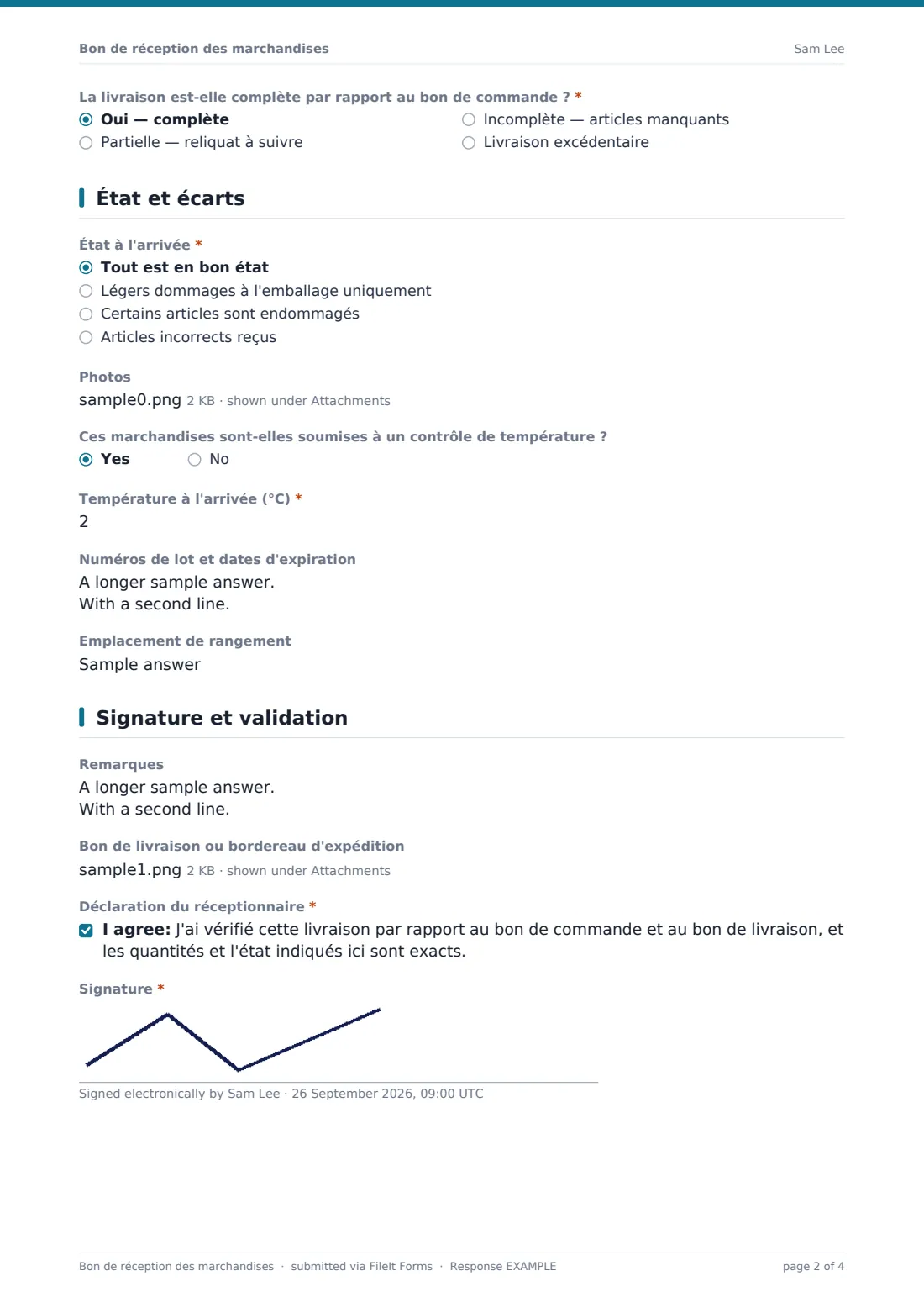 Bon de réception des marchandises — exemple de réponse au format PDF, page 2 sur 4