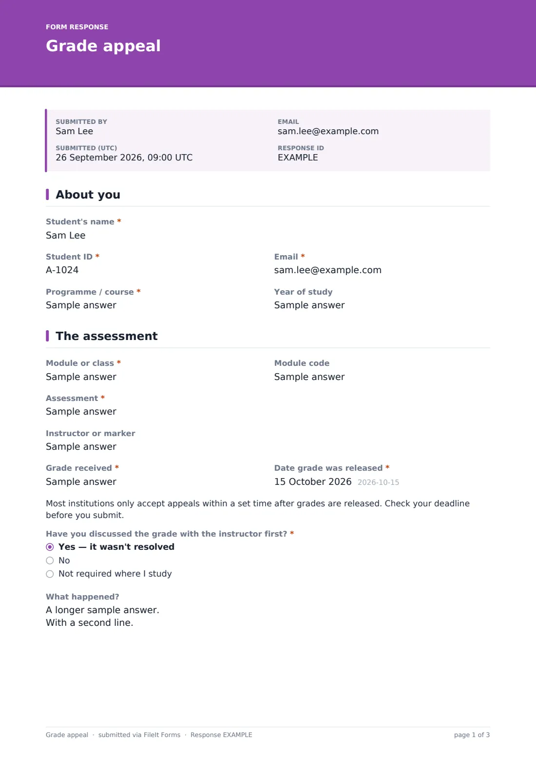 Grade appeal — example response PDF, page 1 of 3