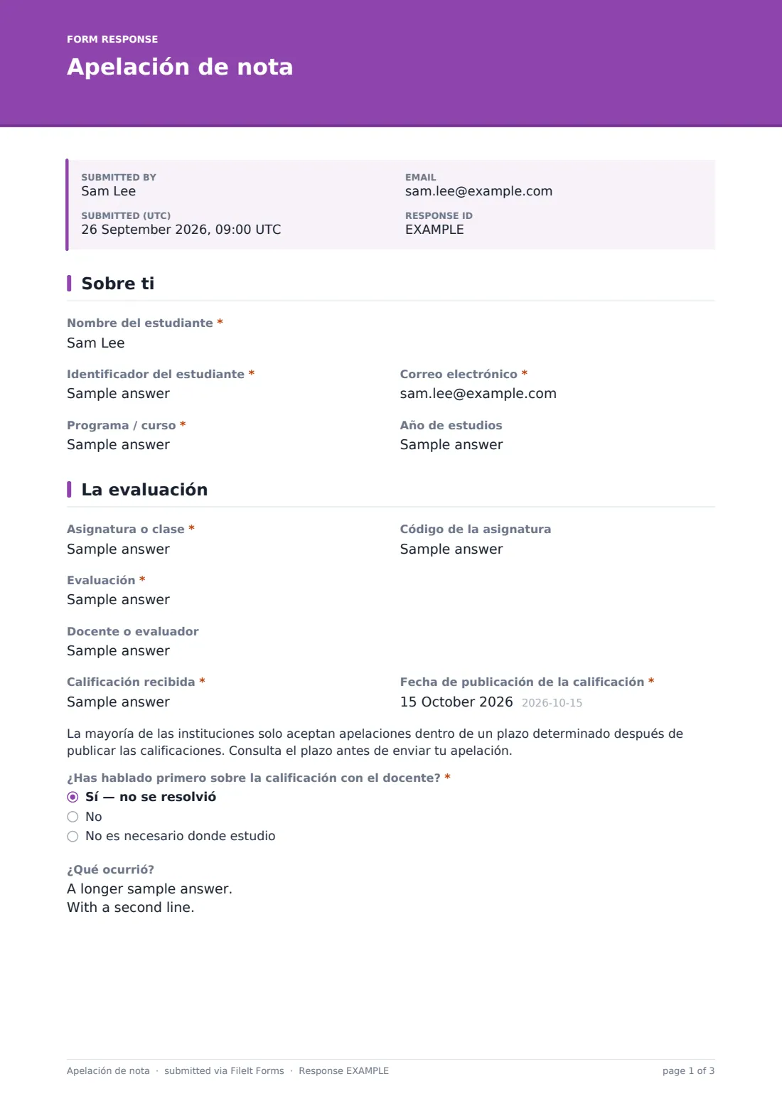 Apelación de nota — PDF de respuesta de ejemplo, página 1 de 3