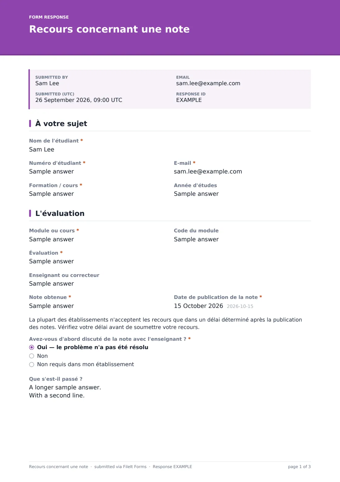 Recours concernant une note — exemple de réponse au format PDF, page 1 sur 3