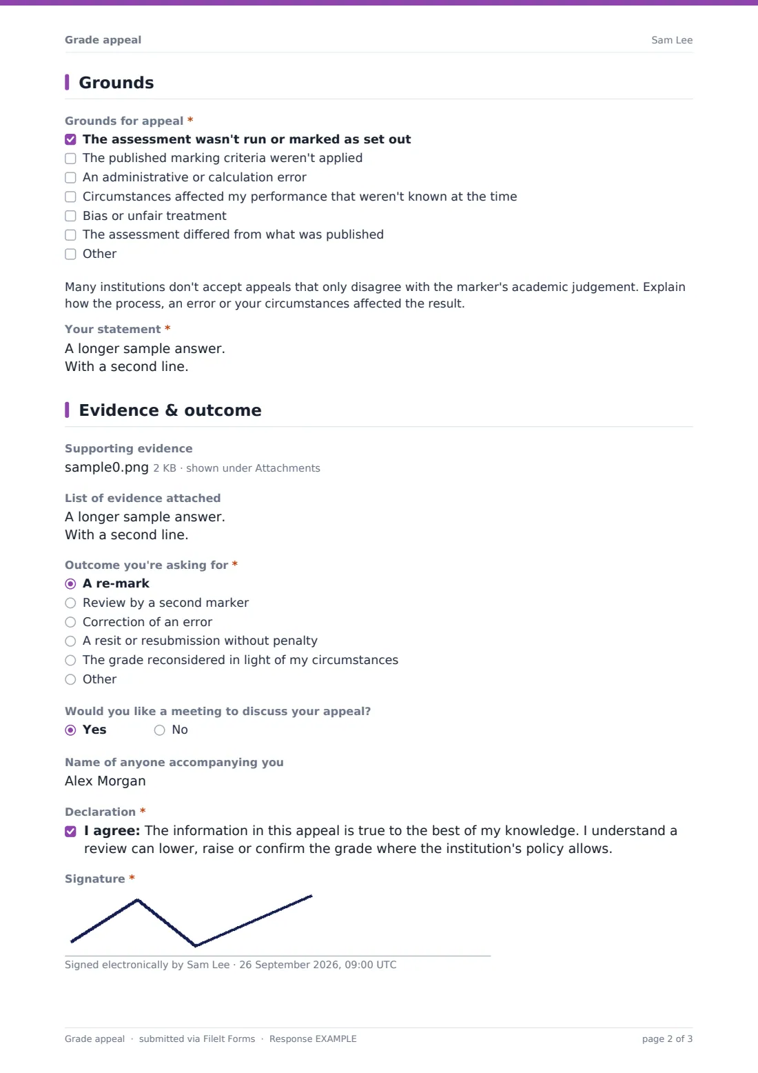 Grade appeal — example response PDF, page 2 of 3