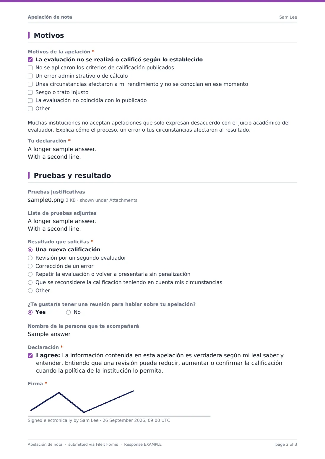 Apelación de nota — PDF de respuesta de ejemplo, página 2 de 3