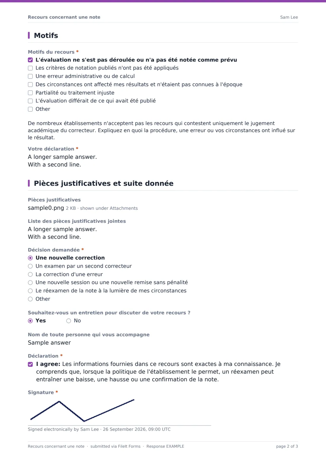 Recours concernant une note — exemple de réponse au format PDF, page 2 sur 3