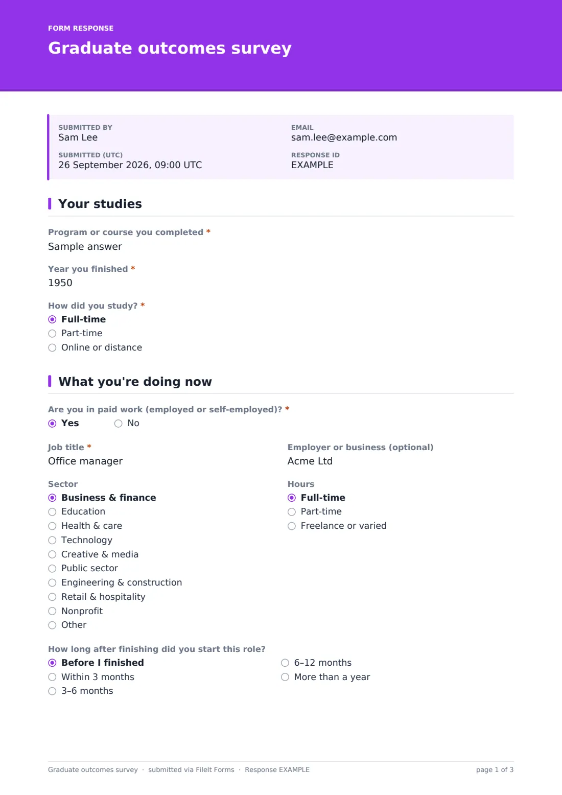 Graduate outcomes survey — example response PDF, page 1 of 3