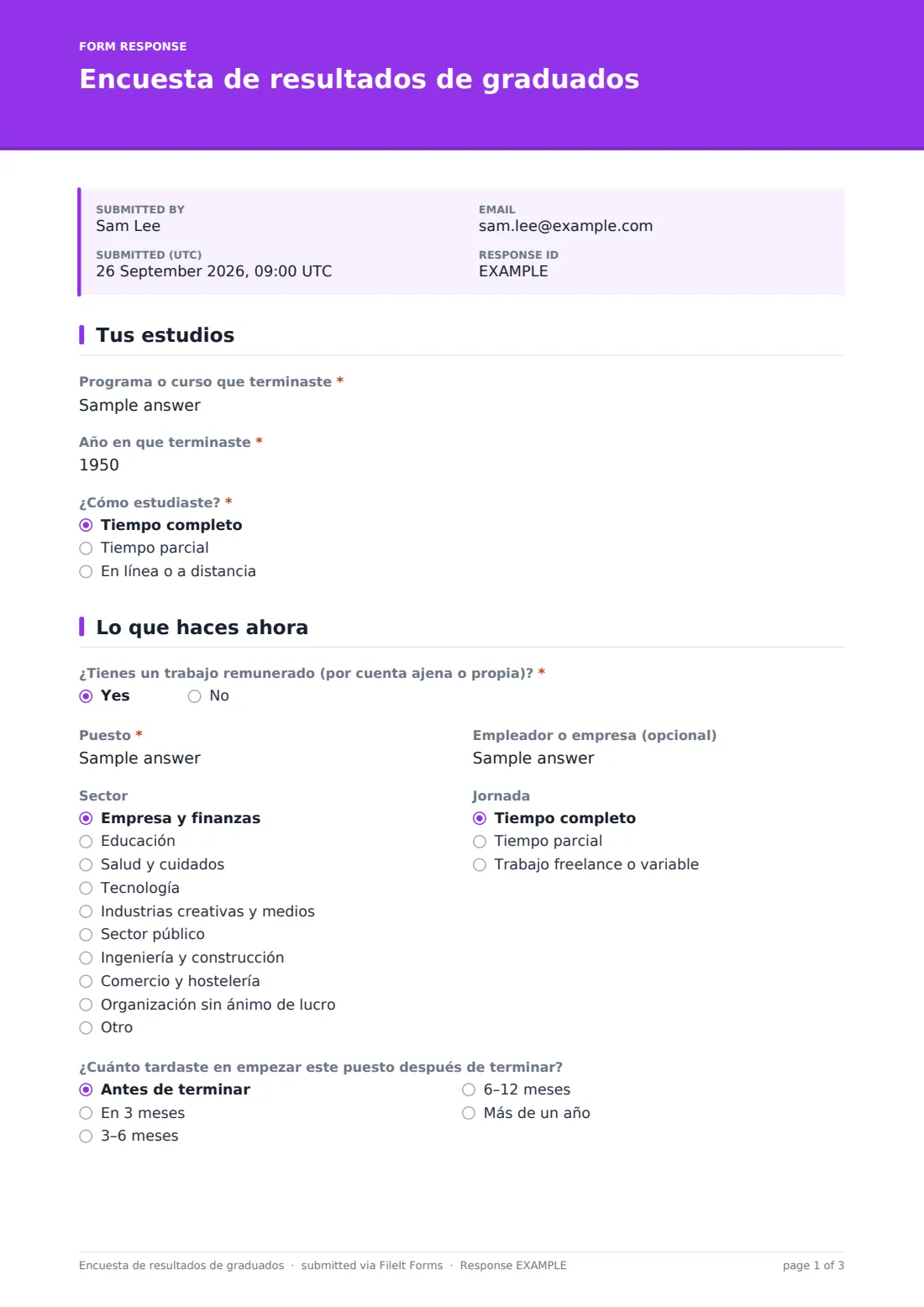 Encuesta de resultados de graduados — PDF de respuesta de ejemplo, página 1 de 3
