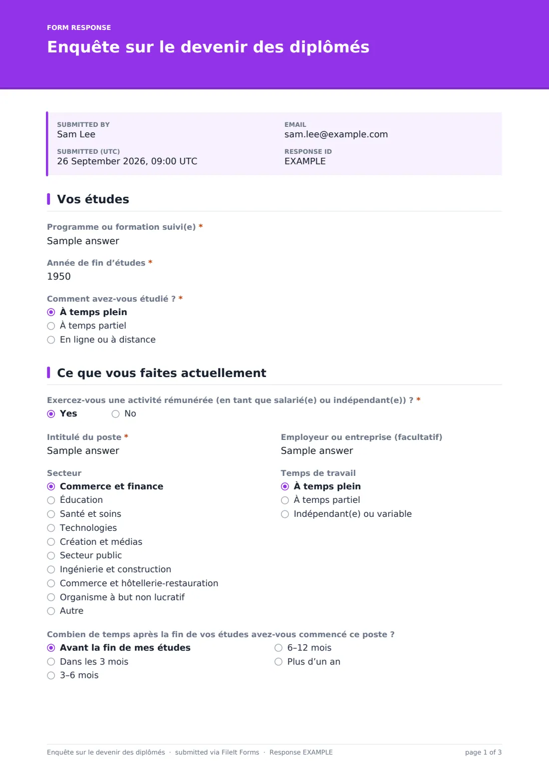 Enquête sur le devenir des diplômés — exemple de réponse au format PDF, page 1 sur 3
