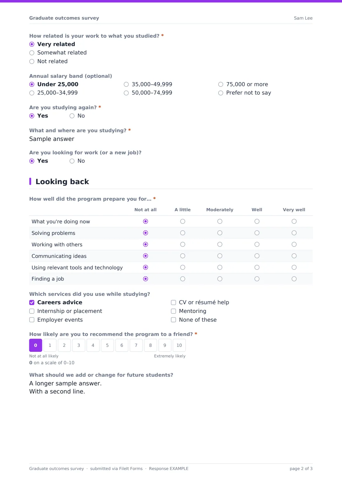 Graduate outcomes survey — example response PDF, page 2 of 3