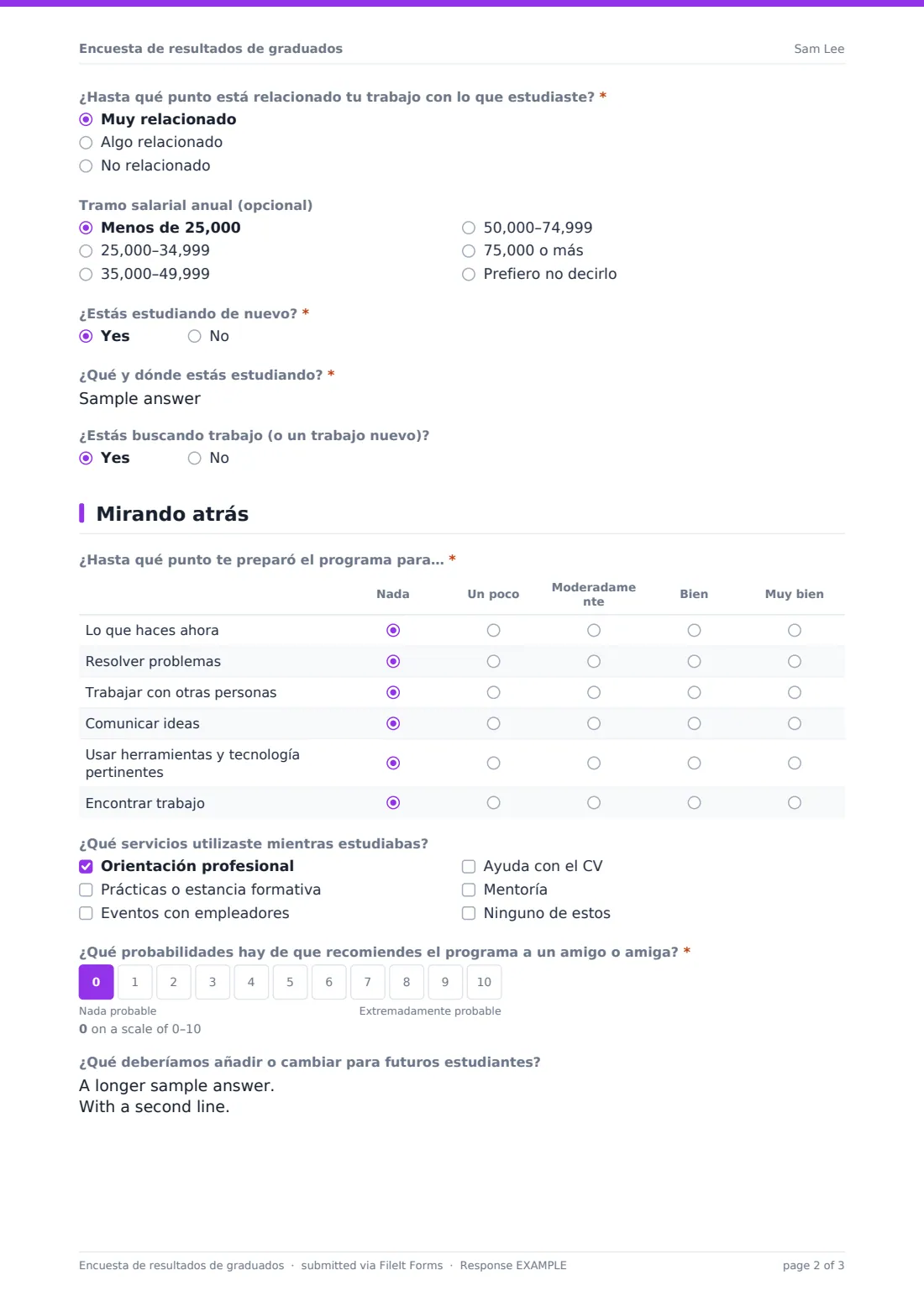 Encuesta de resultados de graduados — PDF de respuesta de ejemplo, página 2 de 3