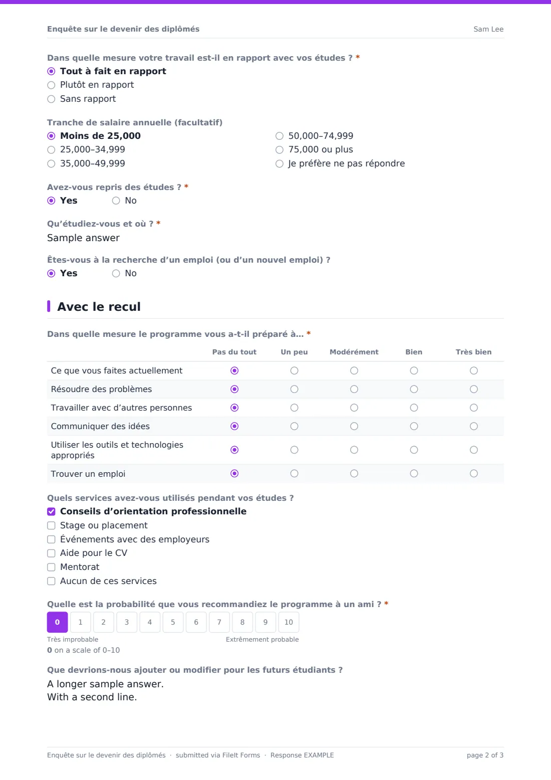 Enquête sur le devenir des diplômés — exemple de réponse au format PDF, page 2 sur 3