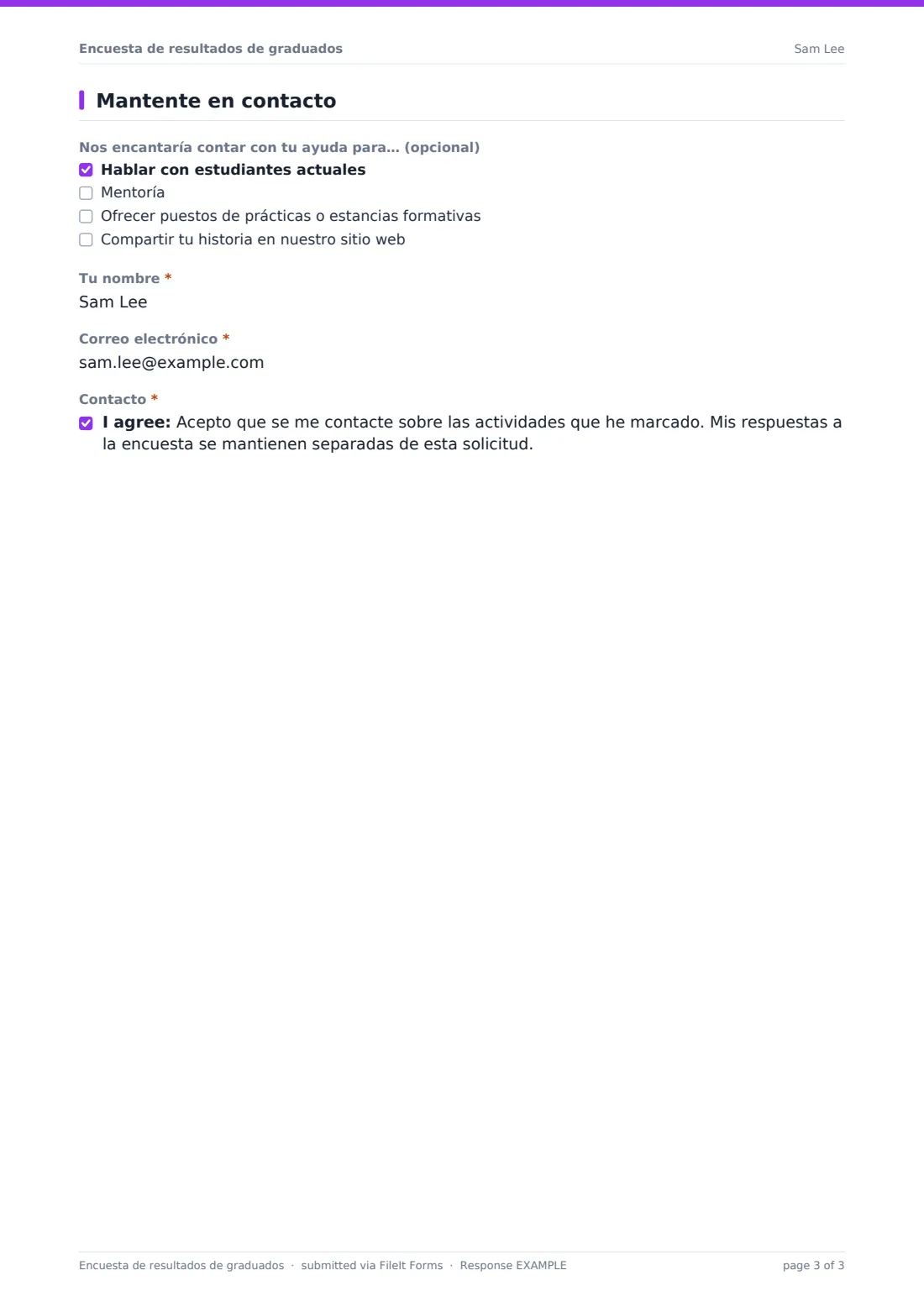 Encuesta de resultados de graduados — PDF de respuesta de ejemplo, página 3 de 3