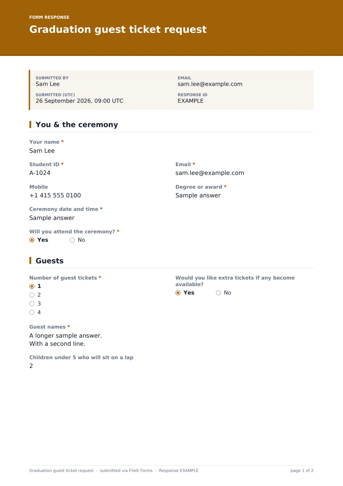 Graduation guest ticket request — example response PDF, page 1 of 2