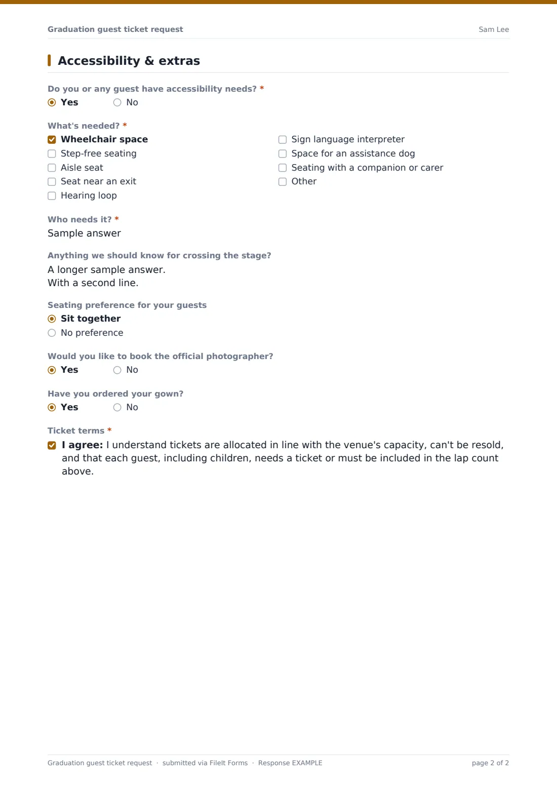 Graduation guest ticket request — example response PDF, page 2 of 2