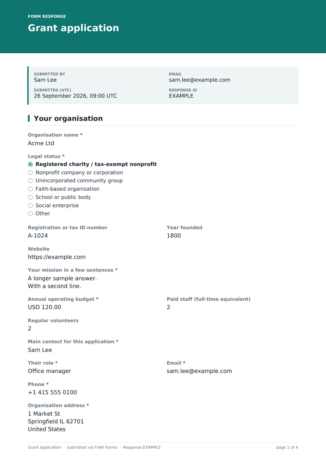 Grant application — example response PDF, page 1 of 4