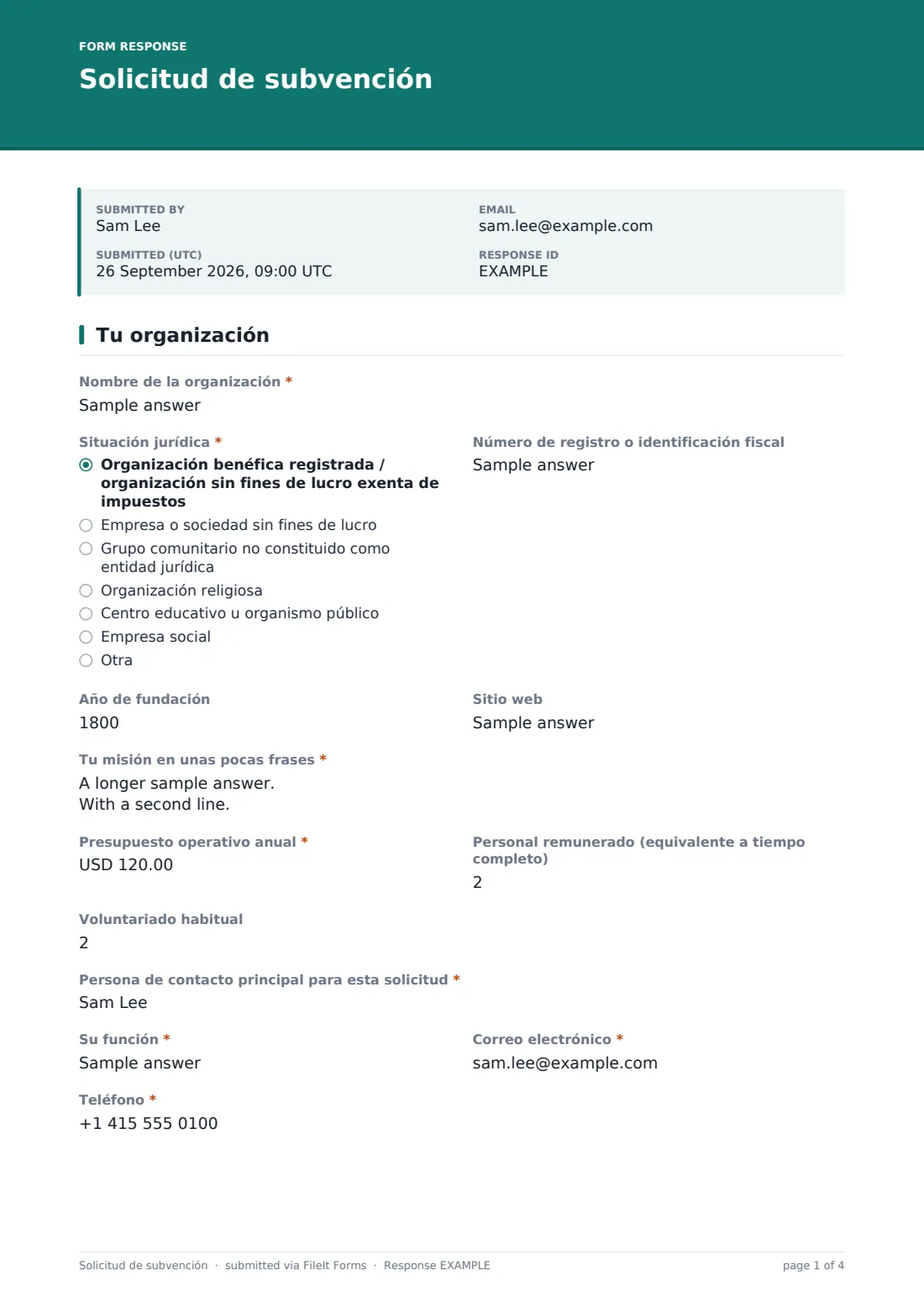 Solicitud de subvención — PDF de respuesta de ejemplo, página 1 de 4