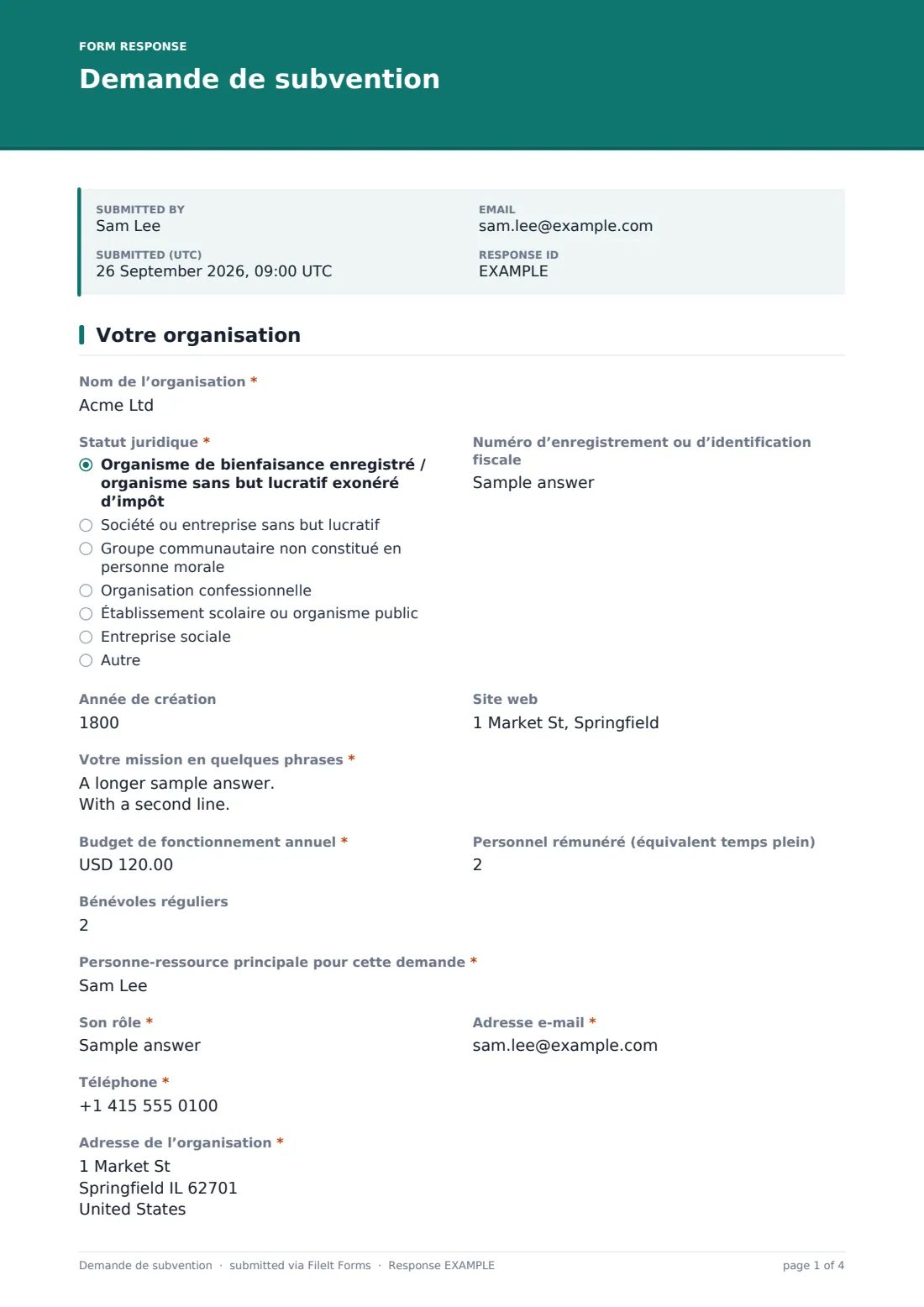 Demande de subvention — exemple de réponse au format PDF, page 1 sur 4