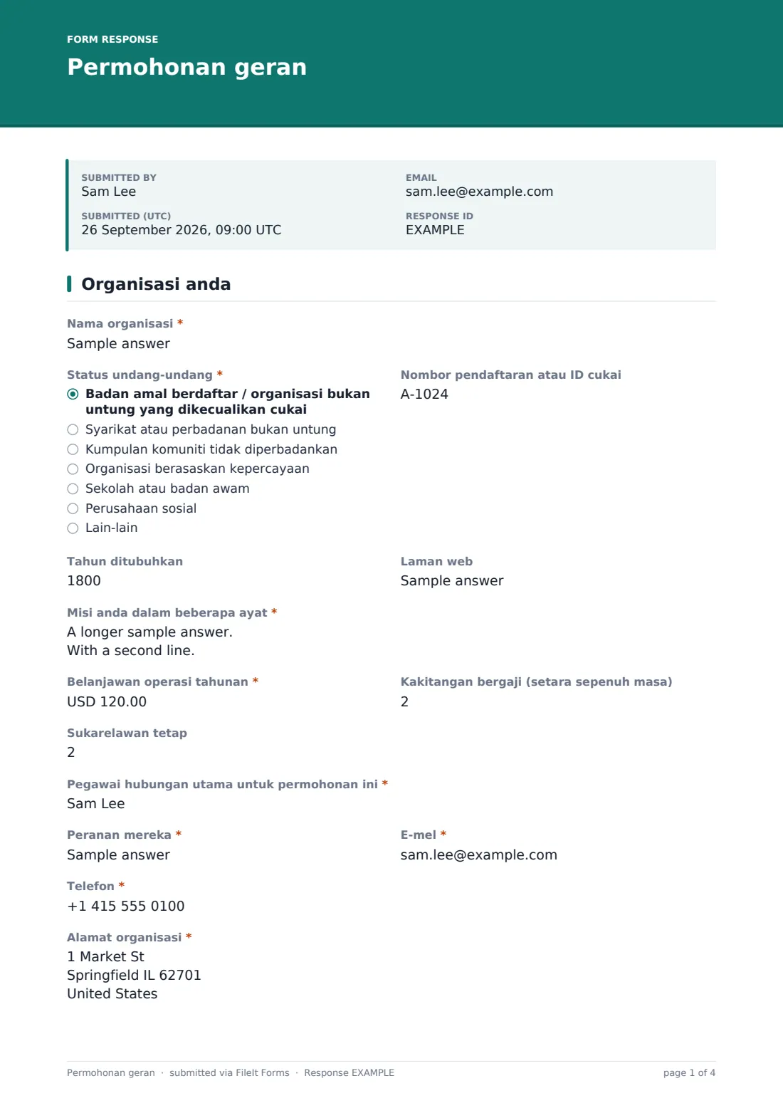 Permohonan geran — PDF respons contoh, halaman 1 daripada 4