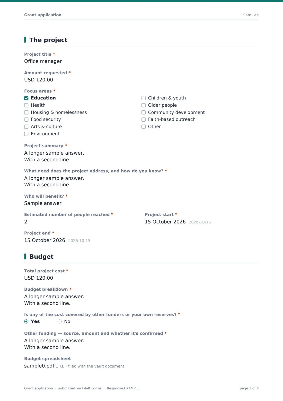 Grant application — example response PDF, page 2 of 4