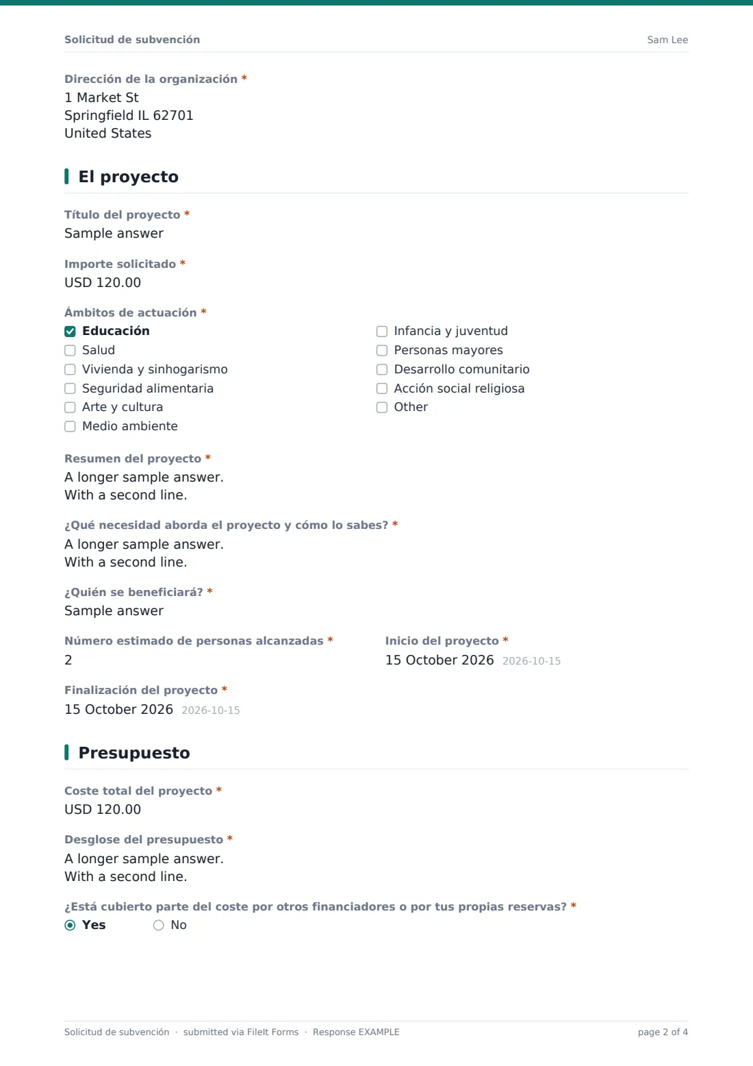 Solicitud de subvención — PDF de respuesta de ejemplo, página 2 de 4