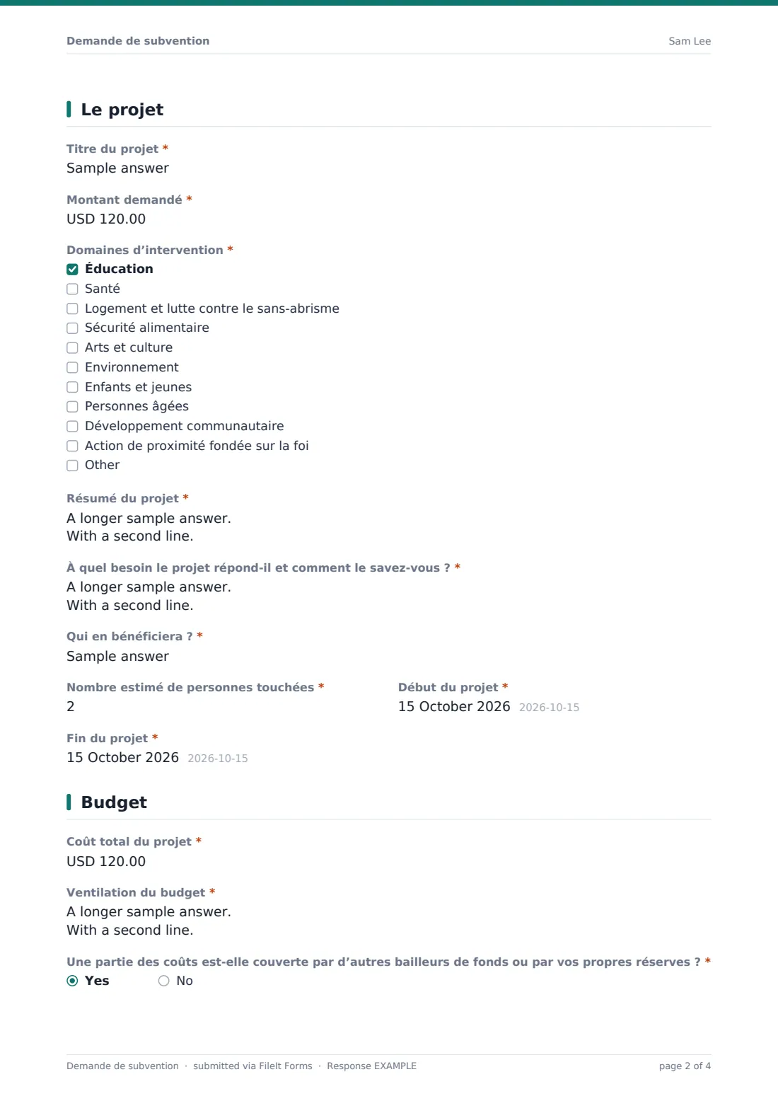 Demande de subvention — exemple de réponse au format PDF, page 2 sur 4