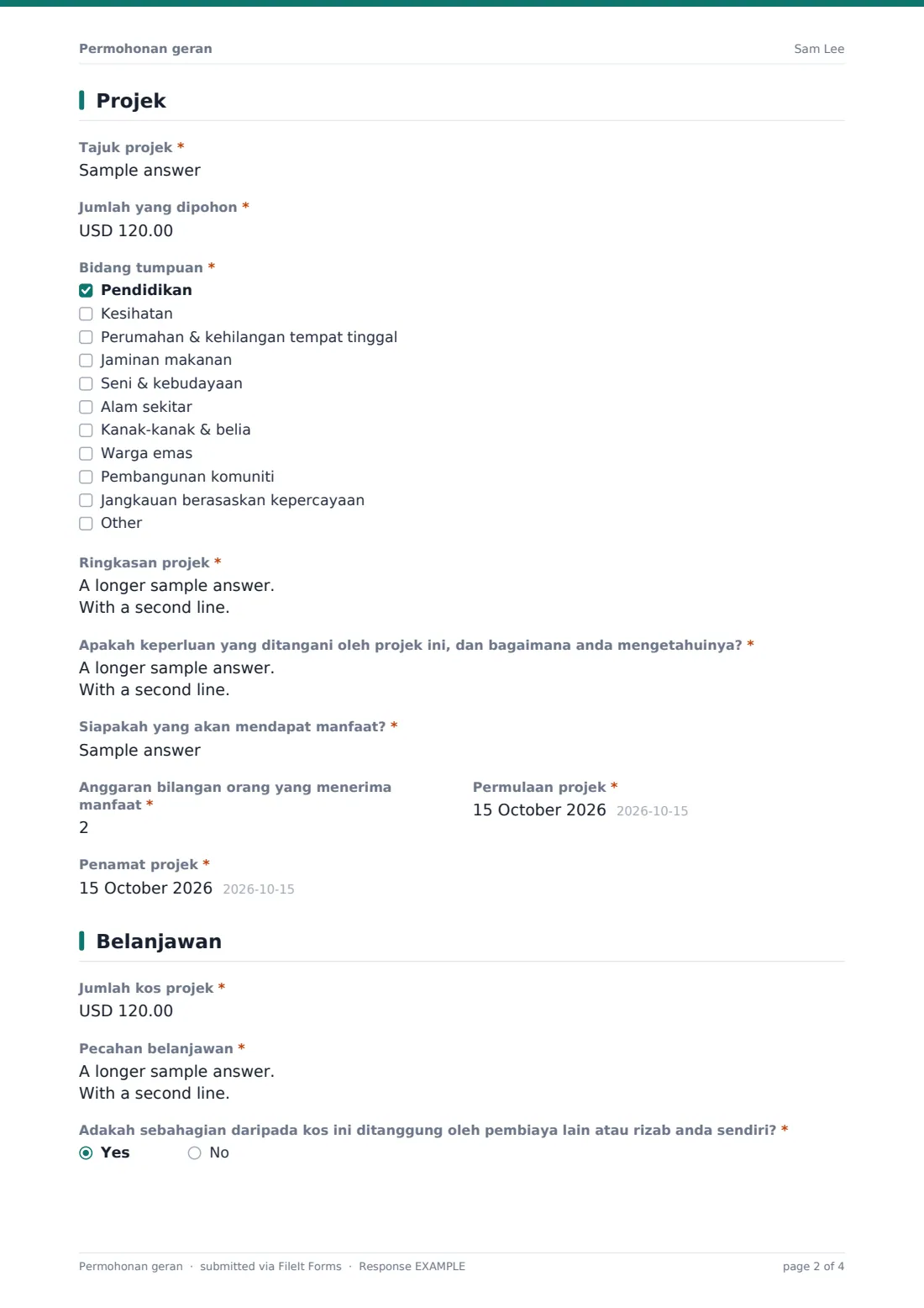 Permohonan geran — PDF respons contoh, halaman 2 daripada 4