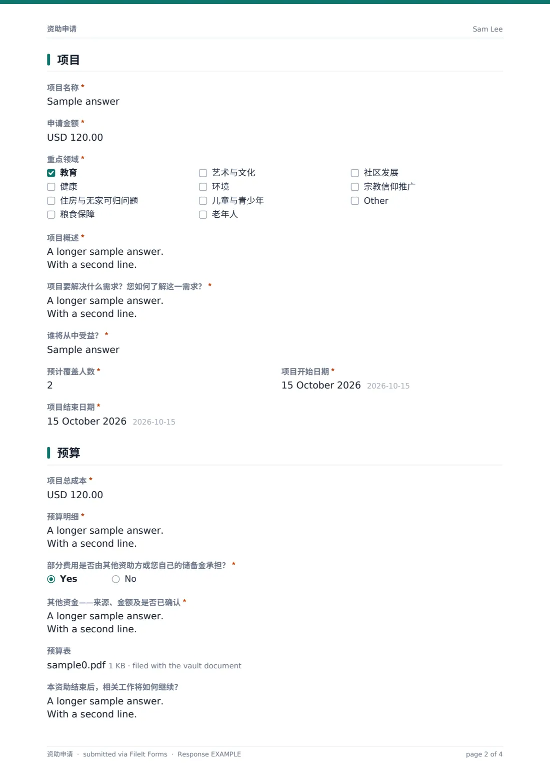 资助申请 — 示例回复 PDF，第 2 页，共 4 页