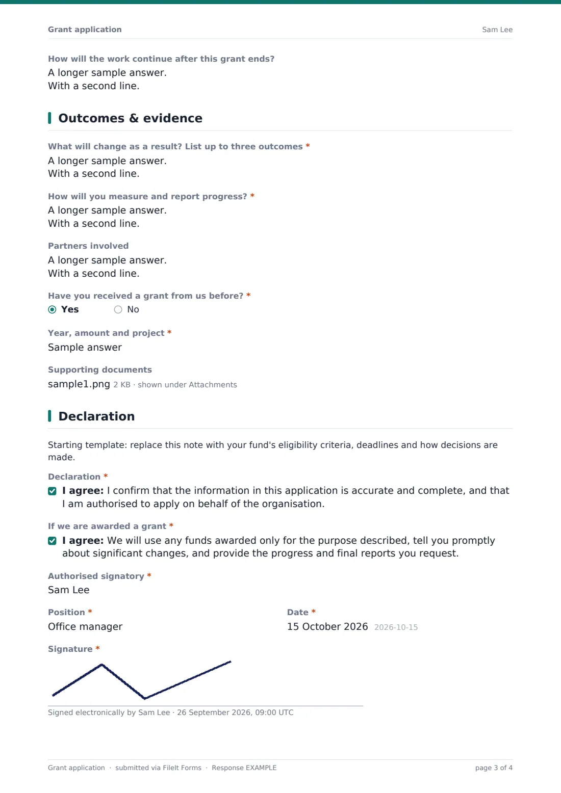 Grant application — example response PDF, page 3 of 4