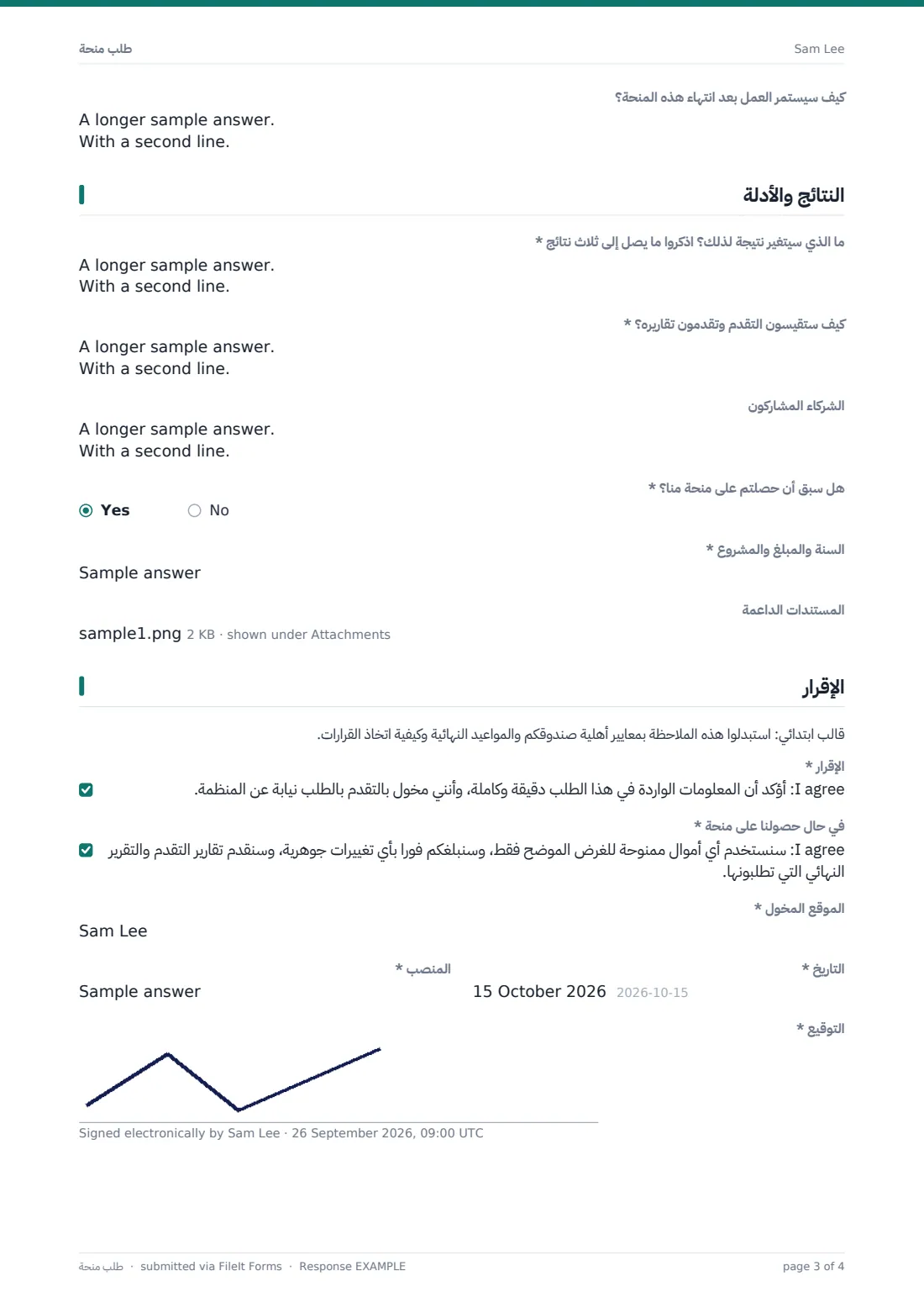 طلب منحة — ملف PDF لرد نموذجي، الصفحة 3 من 4