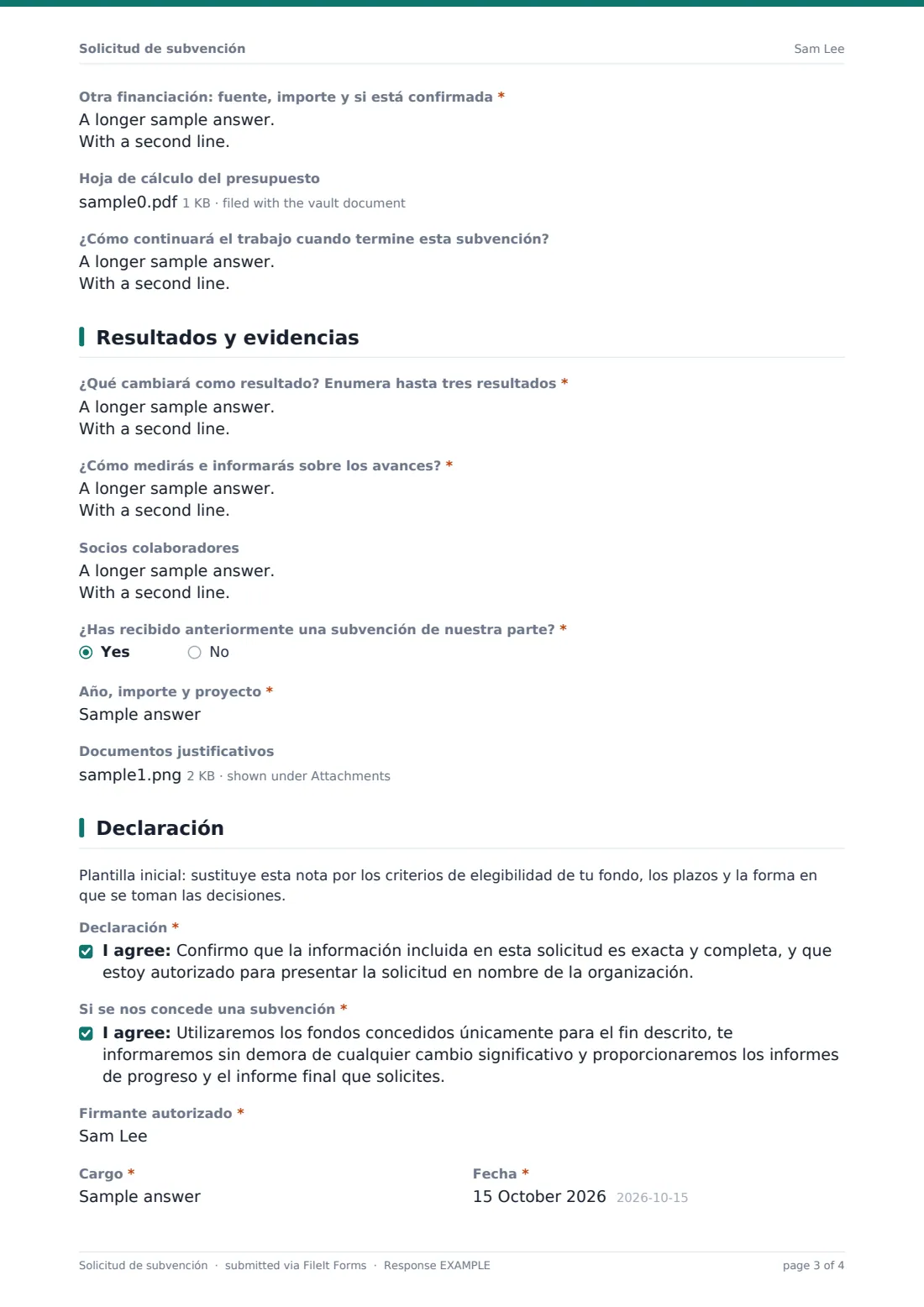 Solicitud de subvención — PDF de respuesta de ejemplo, página 3 de 4
