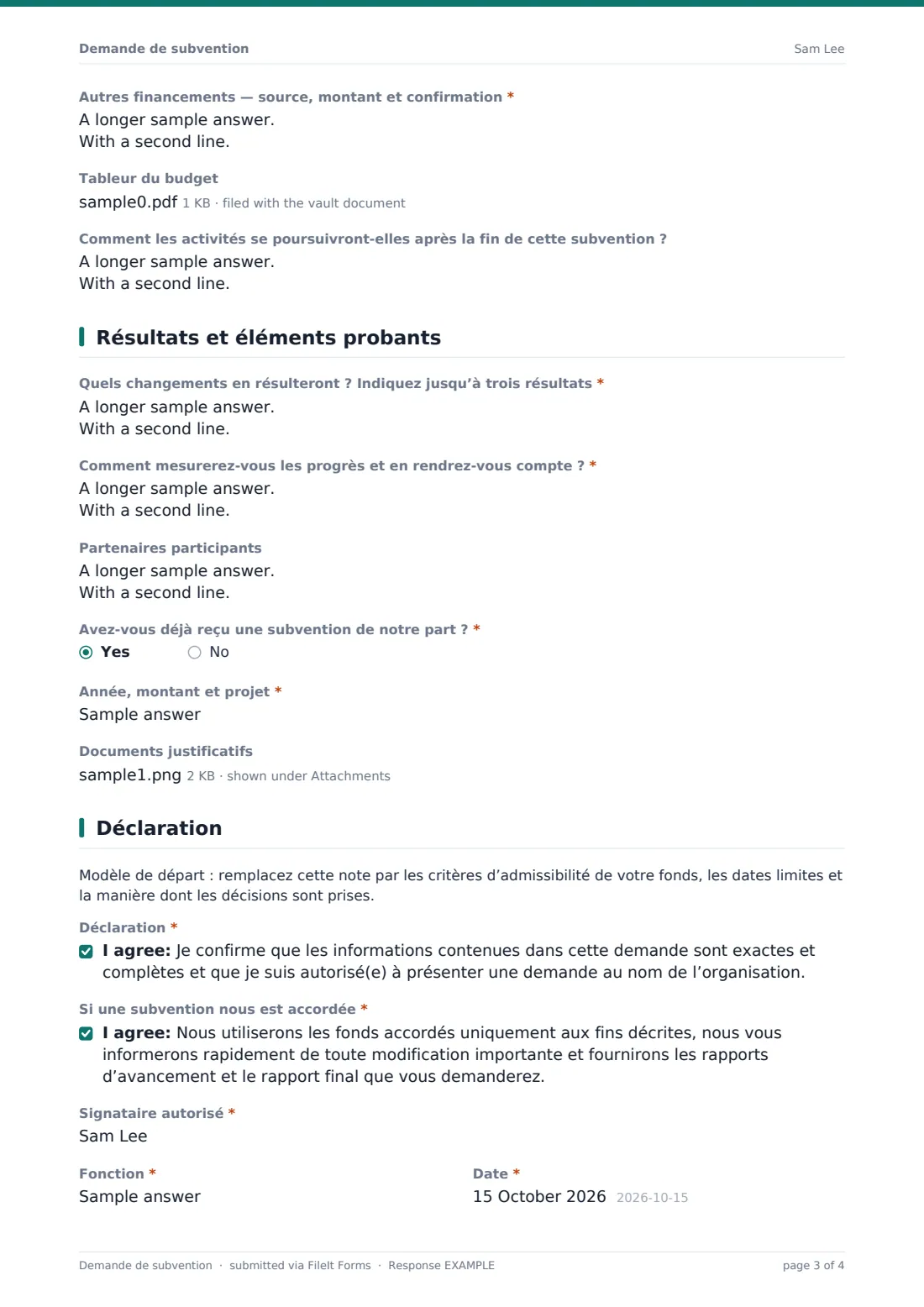 Demande de subvention — exemple de réponse au format PDF, page 3 sur 4