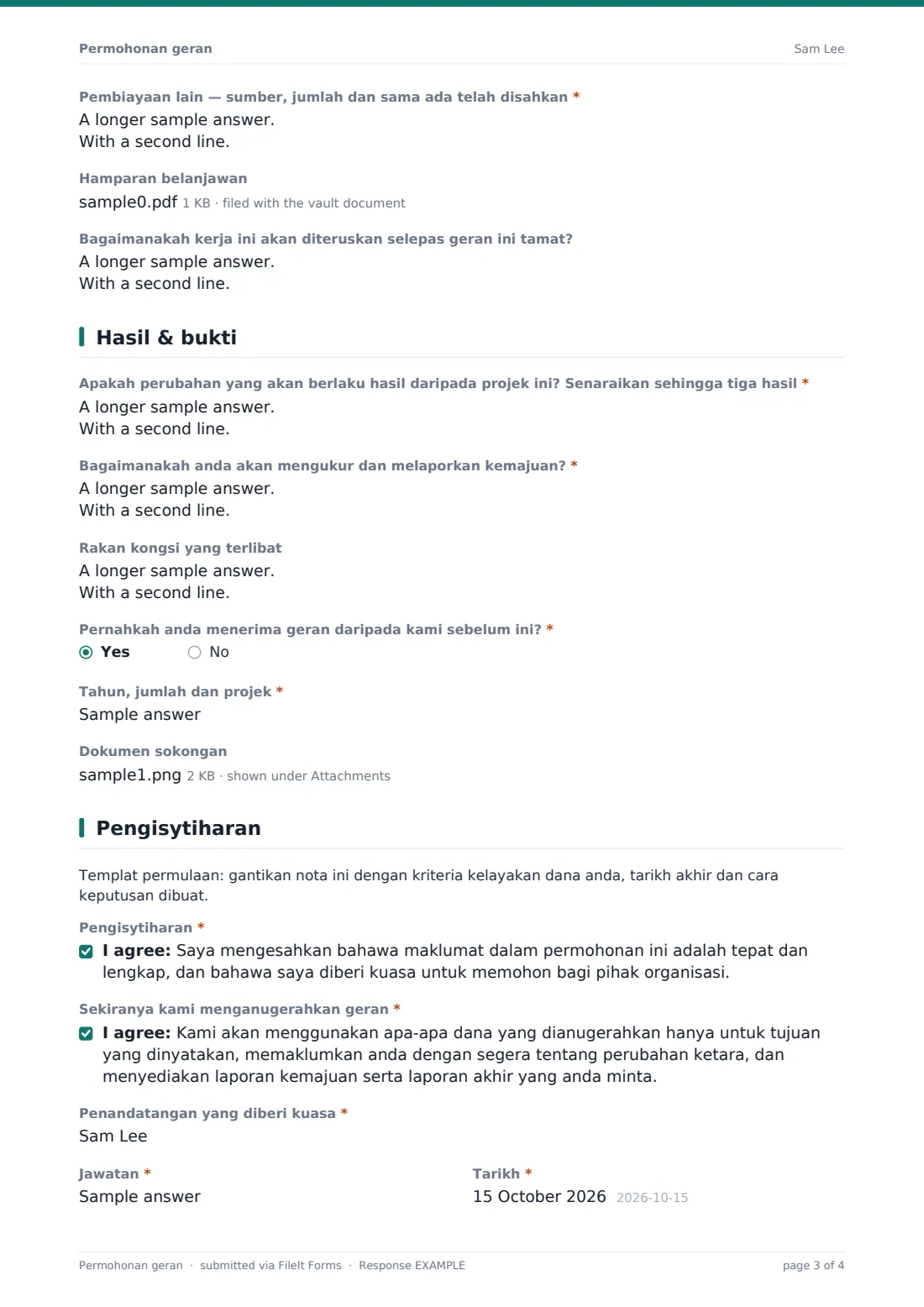 Permohonan geran — PDF respons contoh, halaman 3 daripada 4