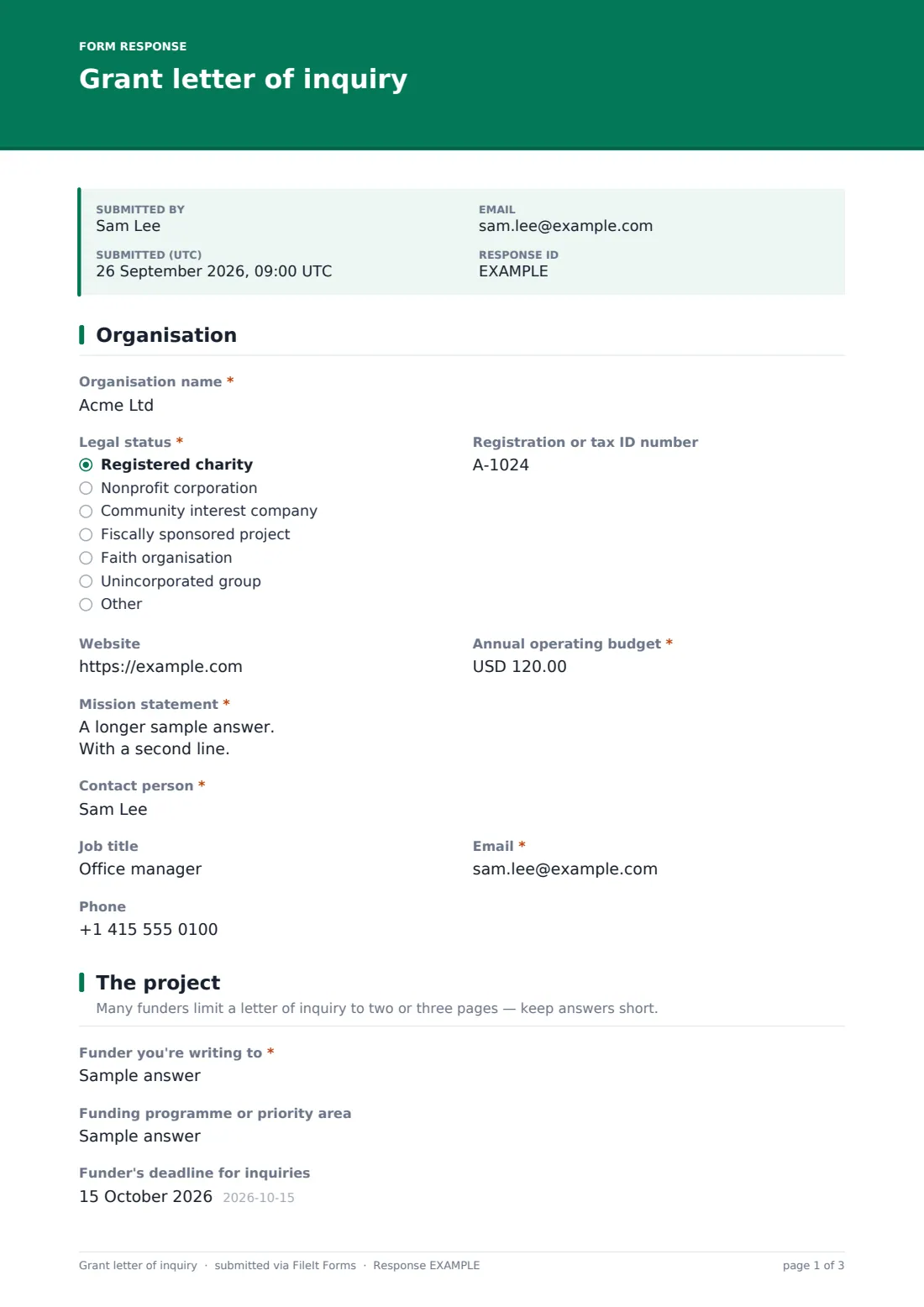 Grant letter of inquiry — example response PDF, page 1 of 3