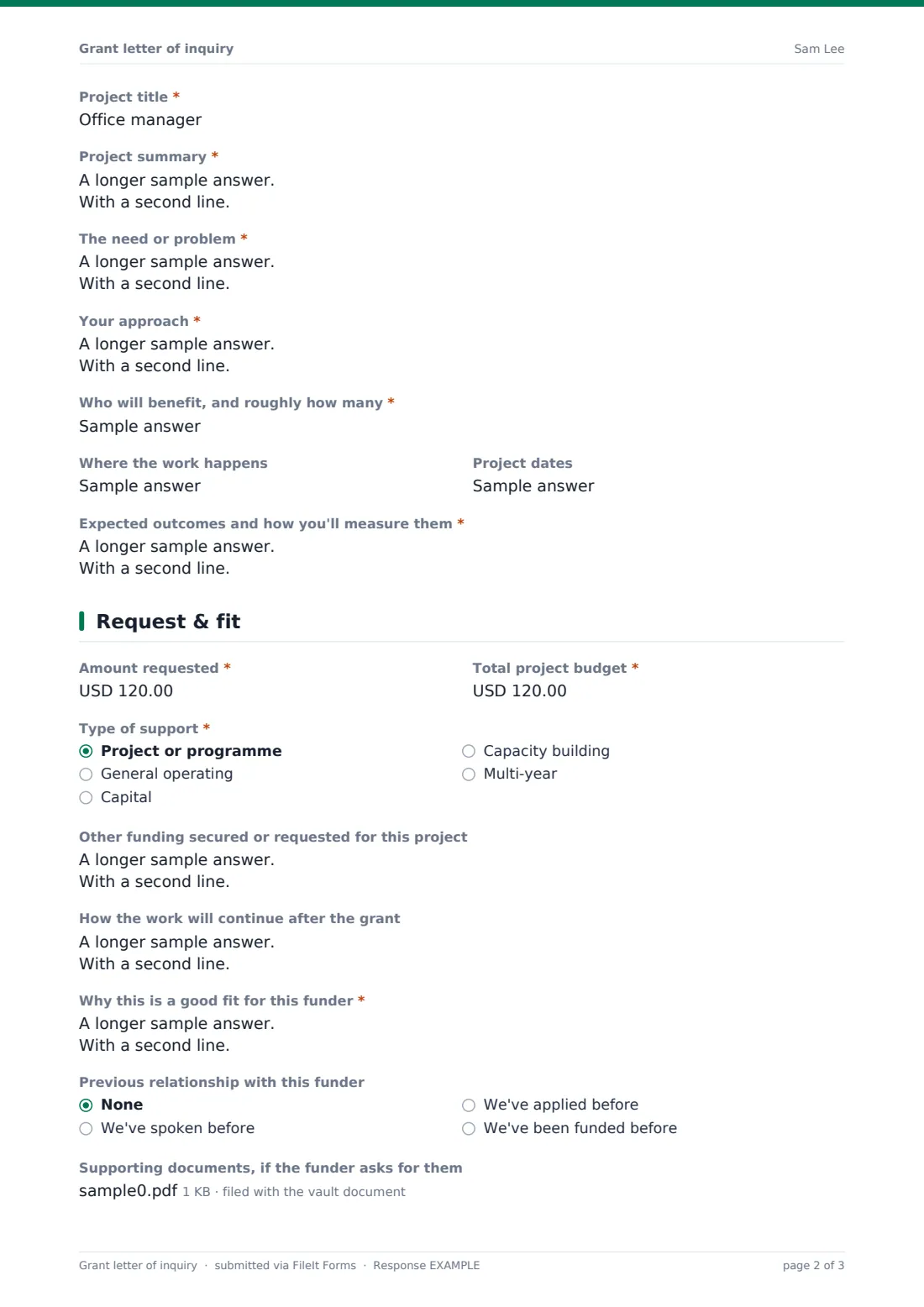 Grant letter of inquiry — example response PDF, page 2 of 3