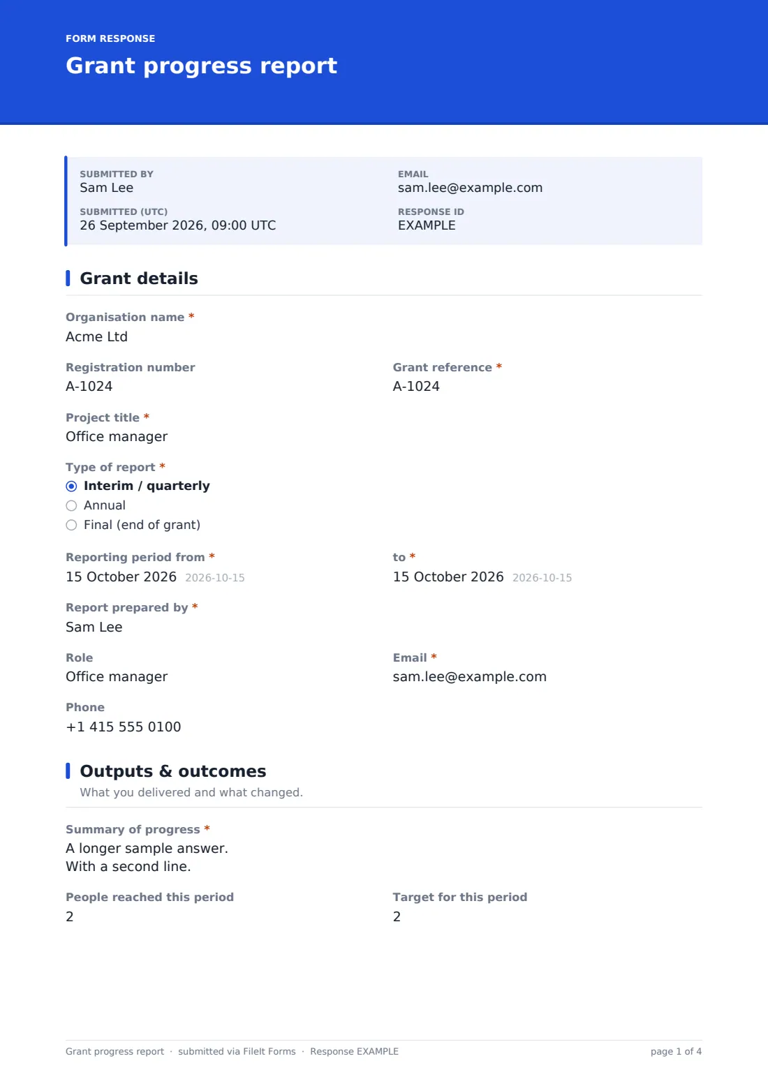 Grant progress report — example response PDF, page 1 of 4
