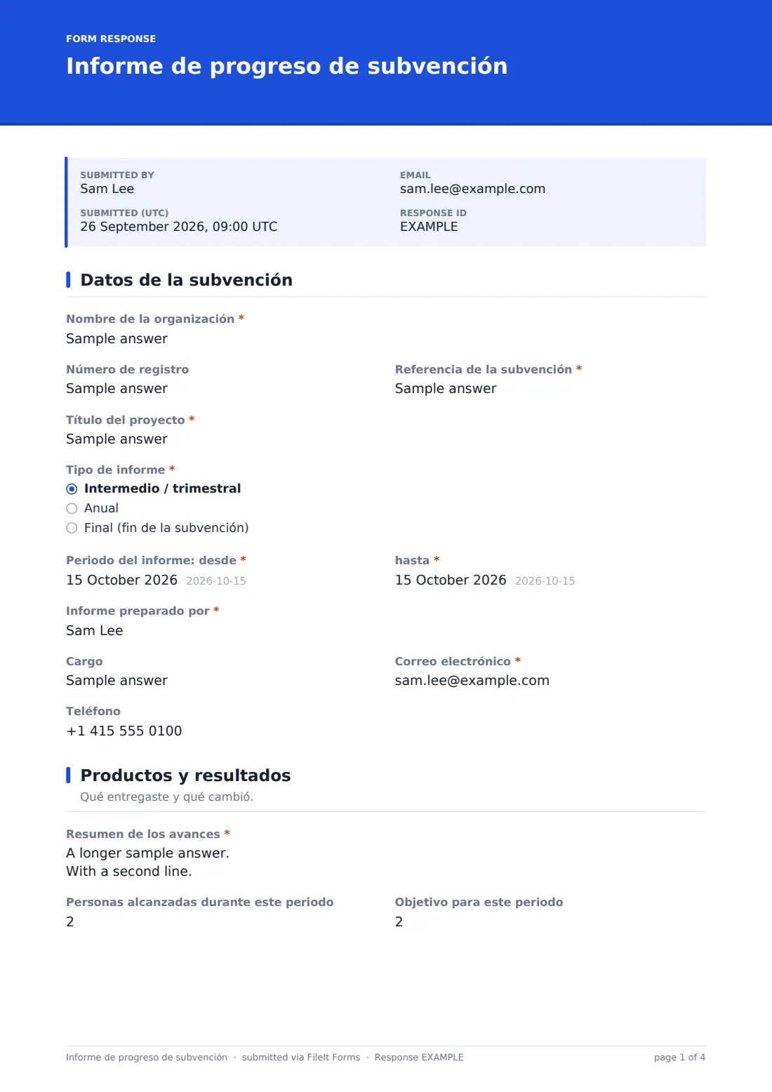 Informe de progreso de subvención — PDF de respuesta de ejemplo, página 1 de 4