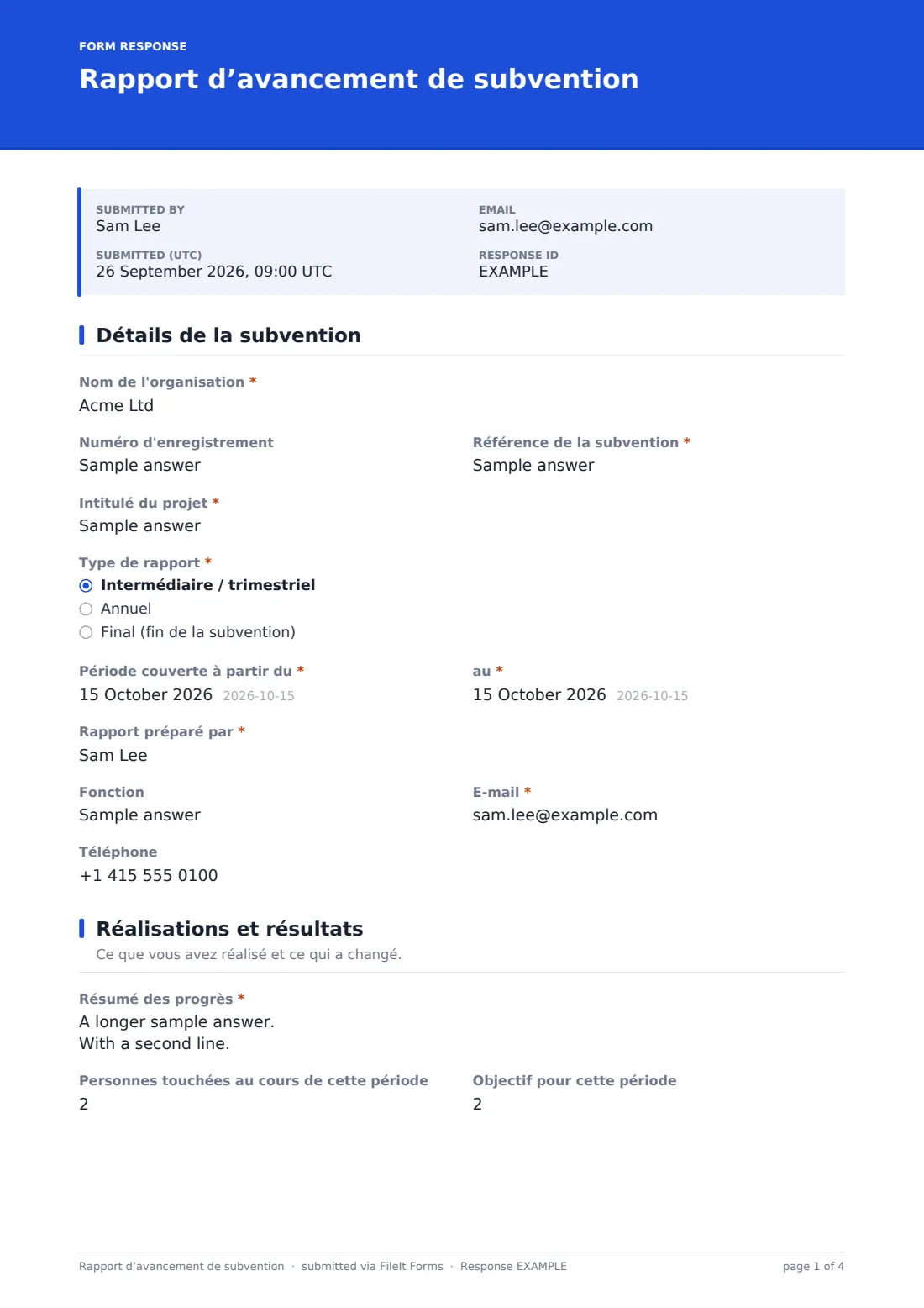 Rapport d’avancement de subvention — exemple de réponse au format PDF, page 1 sur 4