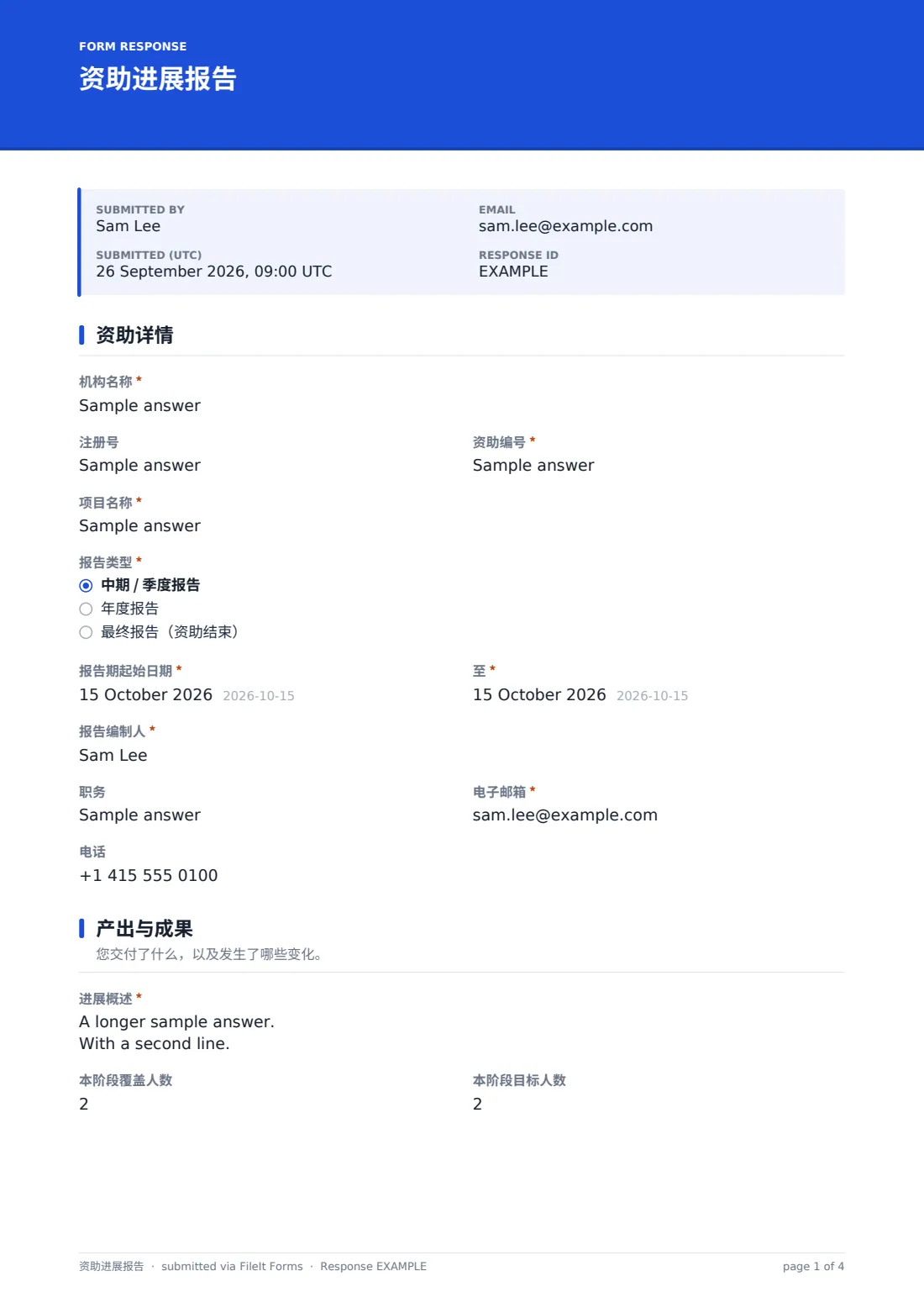 资助进展报告 — 示例回复 PDF，第 1 页，共 4 页