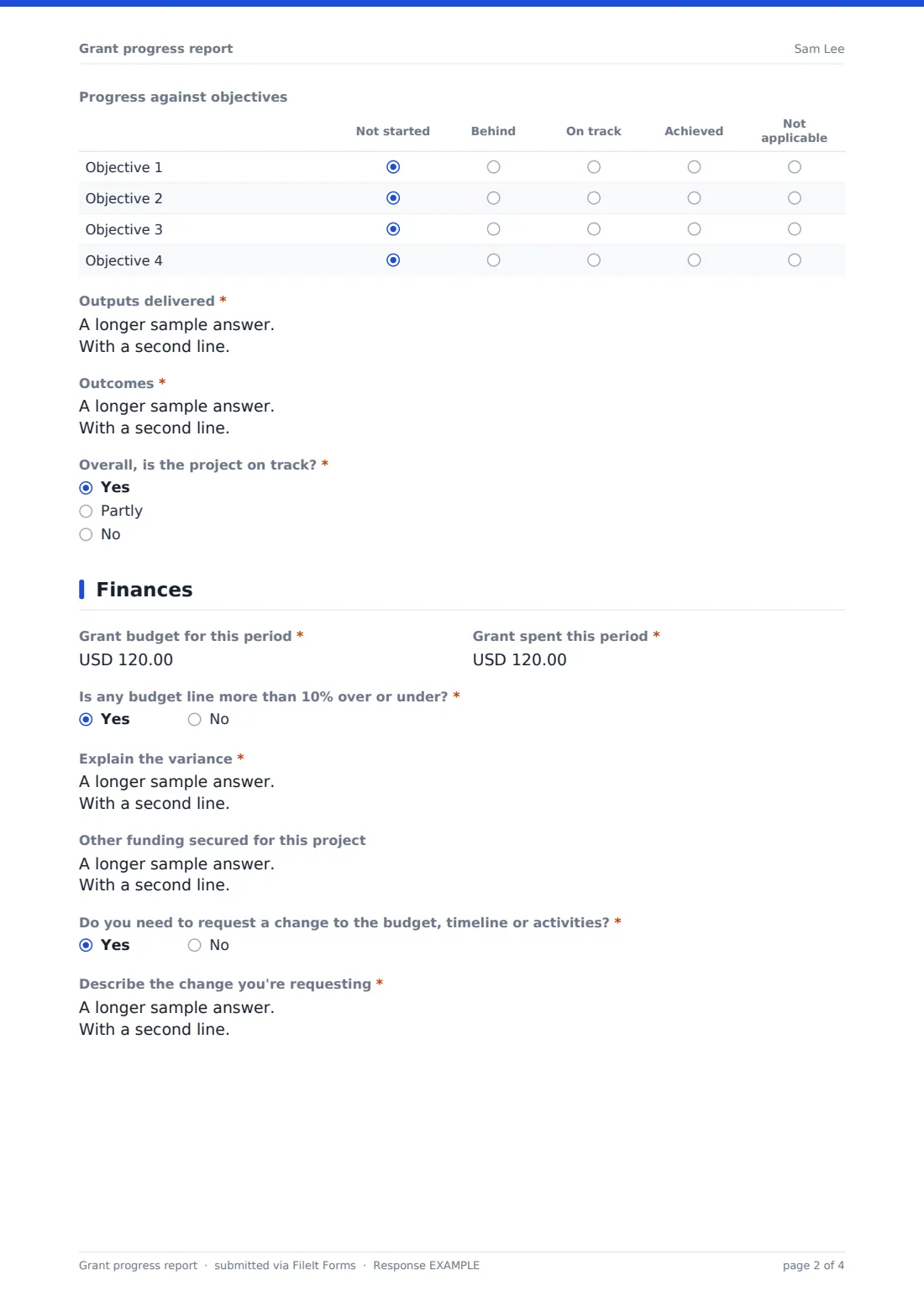 Grant progress report — example response PDF, page 2 of 4