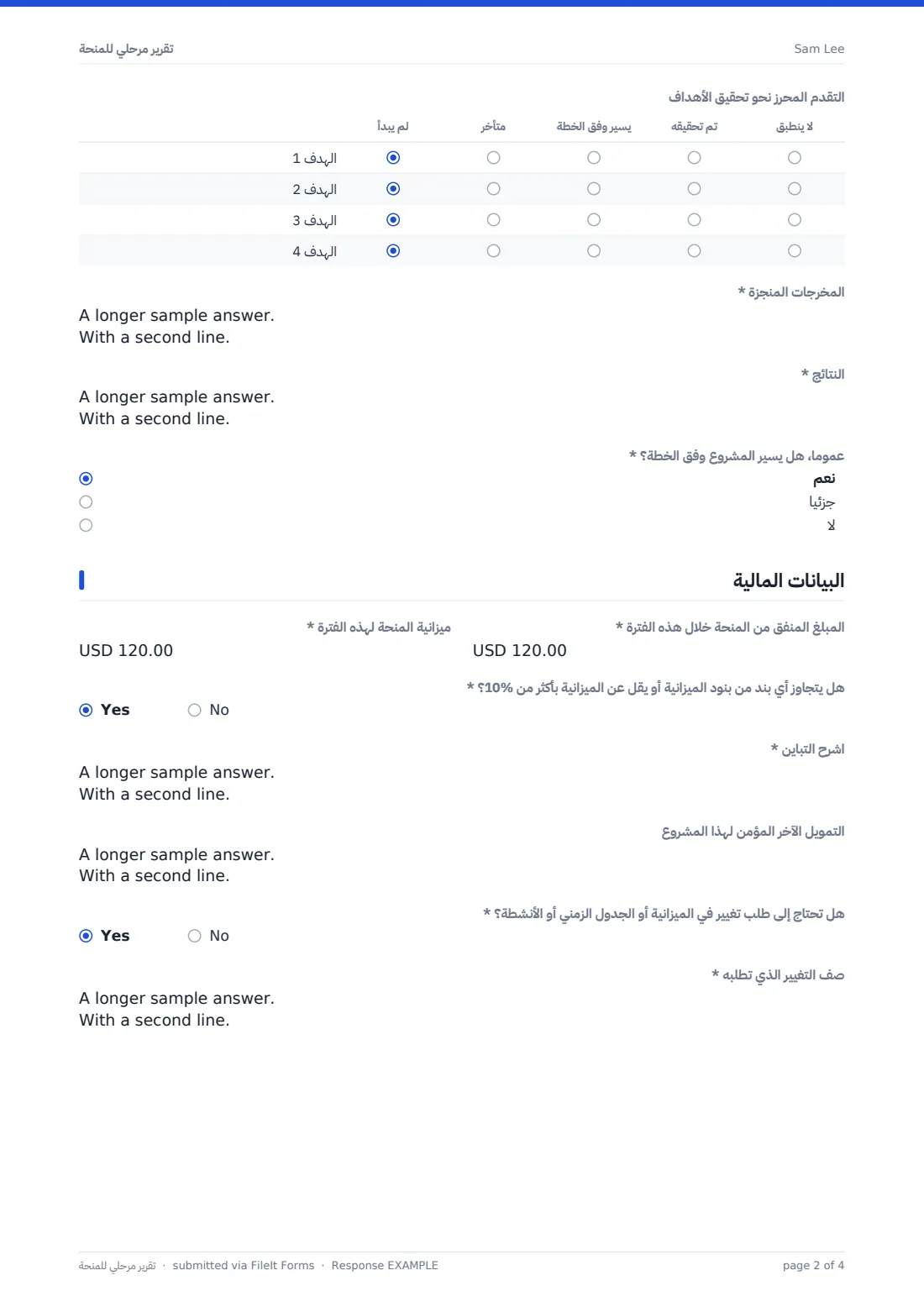 تقرير مرحلي للمنحة — ملف PDF لرد نموذجي، الصفحة 2 من 4